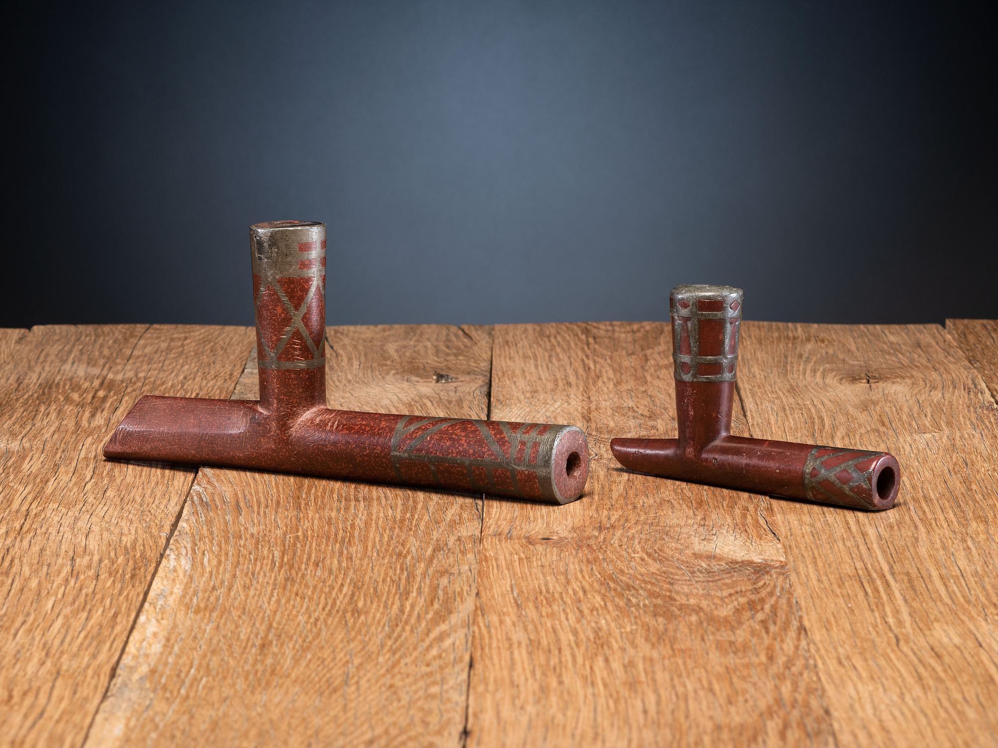 Western Great Lakes Catlinite Pipe Bowls, with Lead Inlay