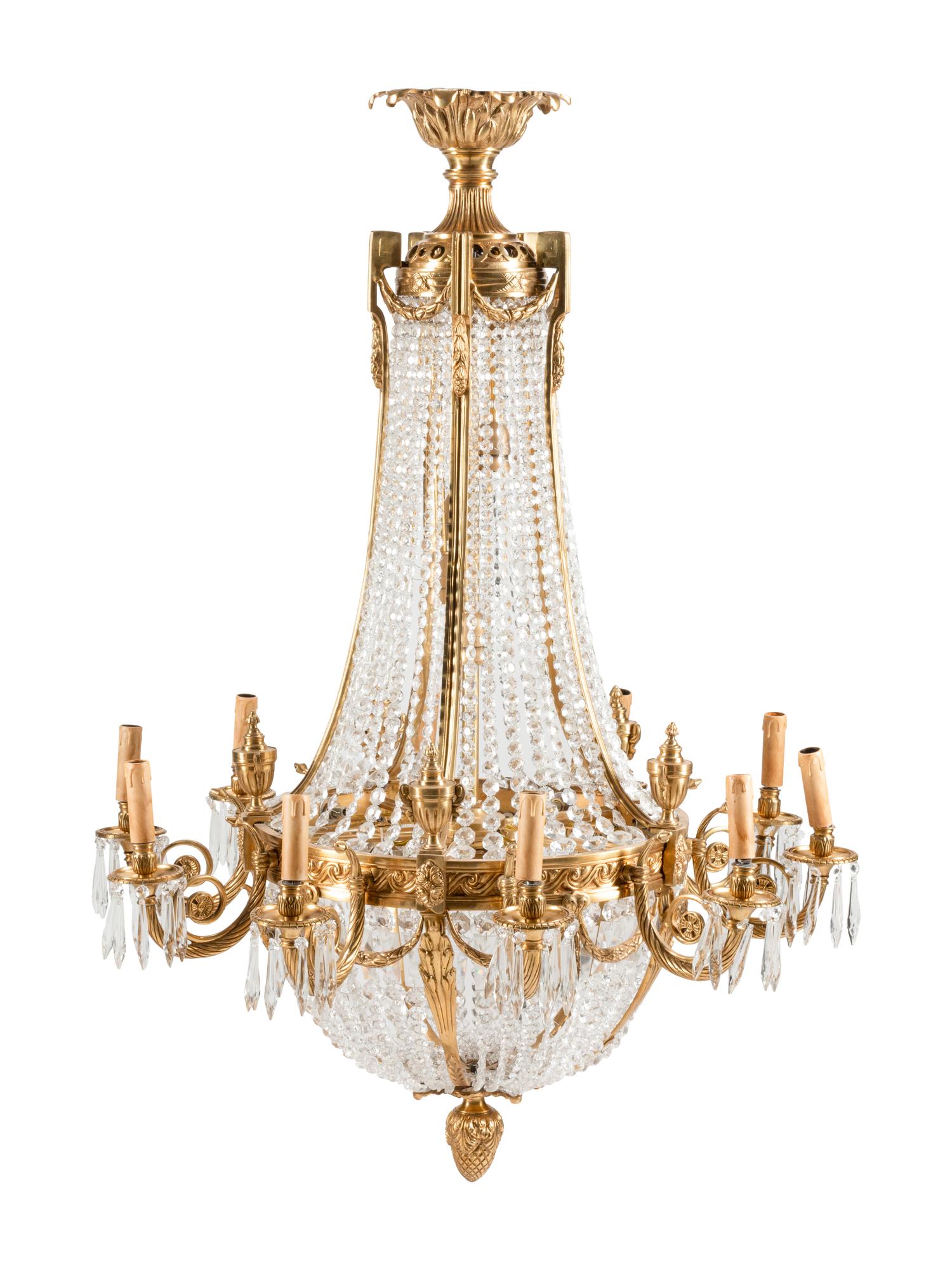 A Pair of French Neoclassical Style Gilt Bronze Chandeliers