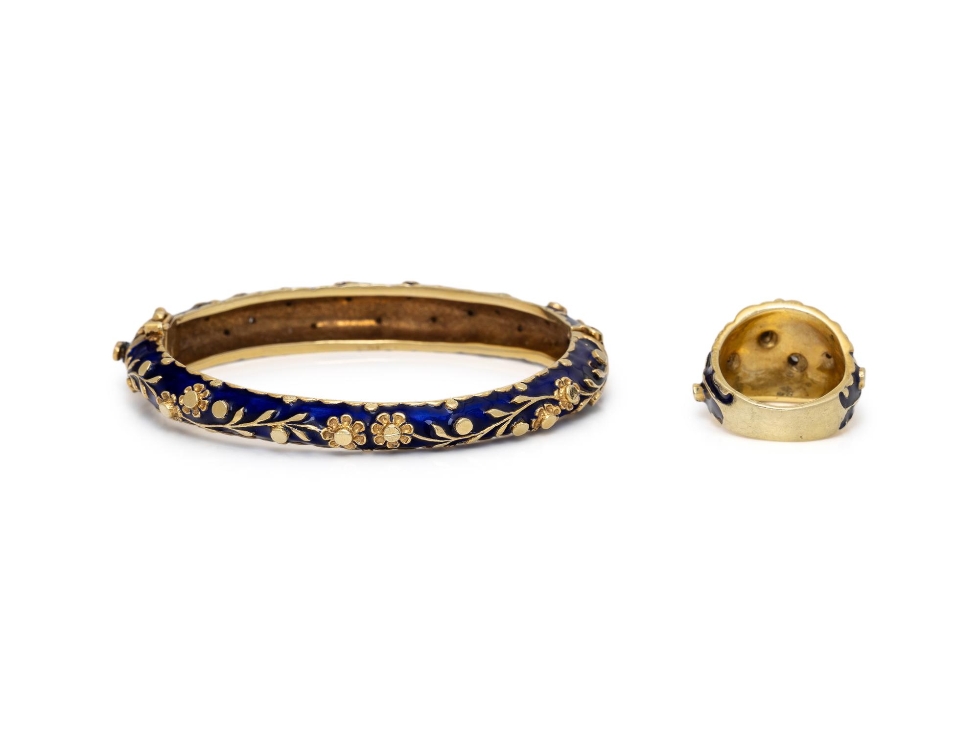 BLUE ENAMEL, DIAMOND, AND YELLOW GOLD BANGLE BRACELET AND RING