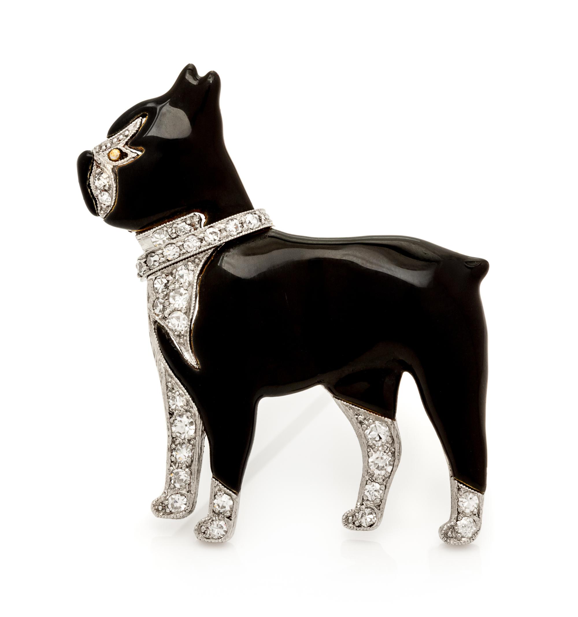 An Art Deco Platinum, Diamond and Enamel Boston Terrier Dog Brooch, 5.80 dwts.