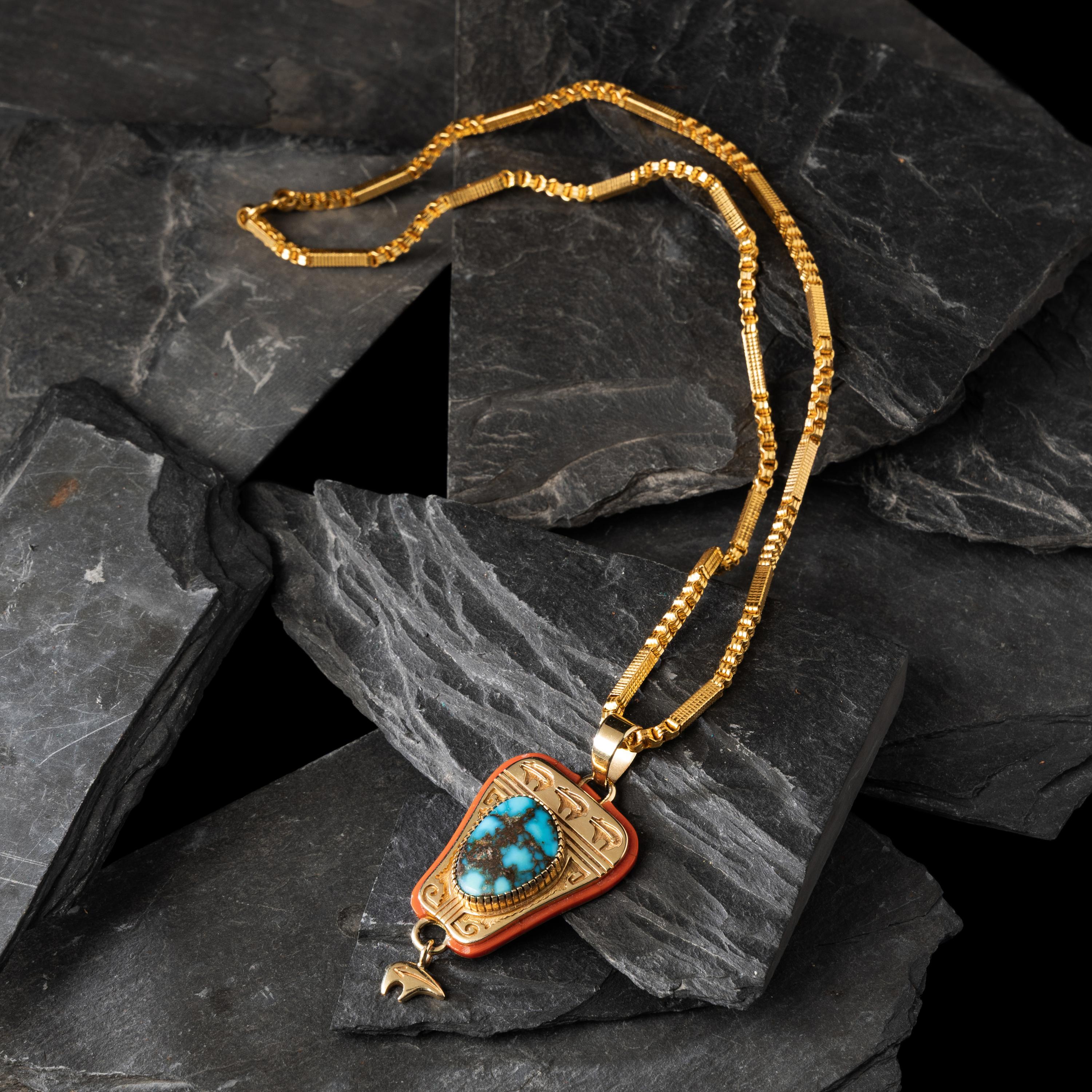 Herbert Taylor (Diné, 1951-1996) — 14K Gold Bisbee Turquoise, and Mediterranean Coral Pendant, with 22K Gold Chain