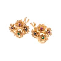 YELLOW GOLD AND MULTIGEM FLOWER EARCLIPS