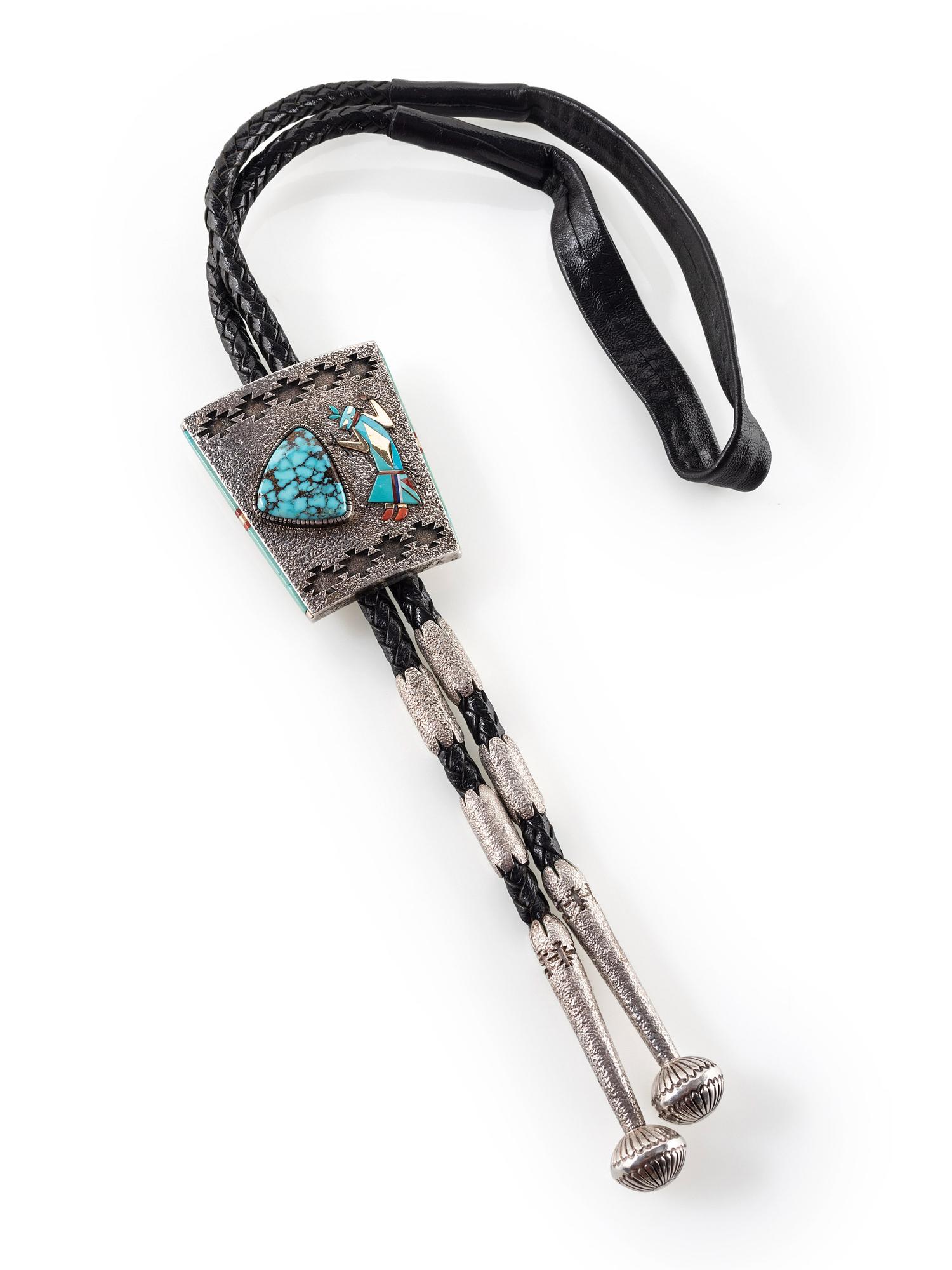 Sterling Silver and Mosaic Inlay Bolo Tie, with Rainbow Man and 14K Gold Accents