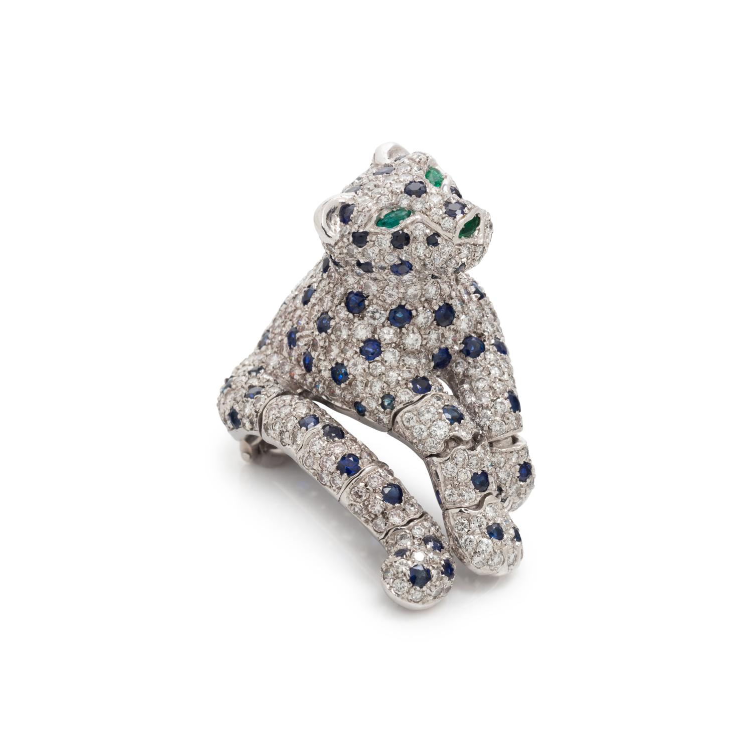 PLATINUM, DIAMOND, SAPPHIRE, AND EMERALD LEOPARD PIN