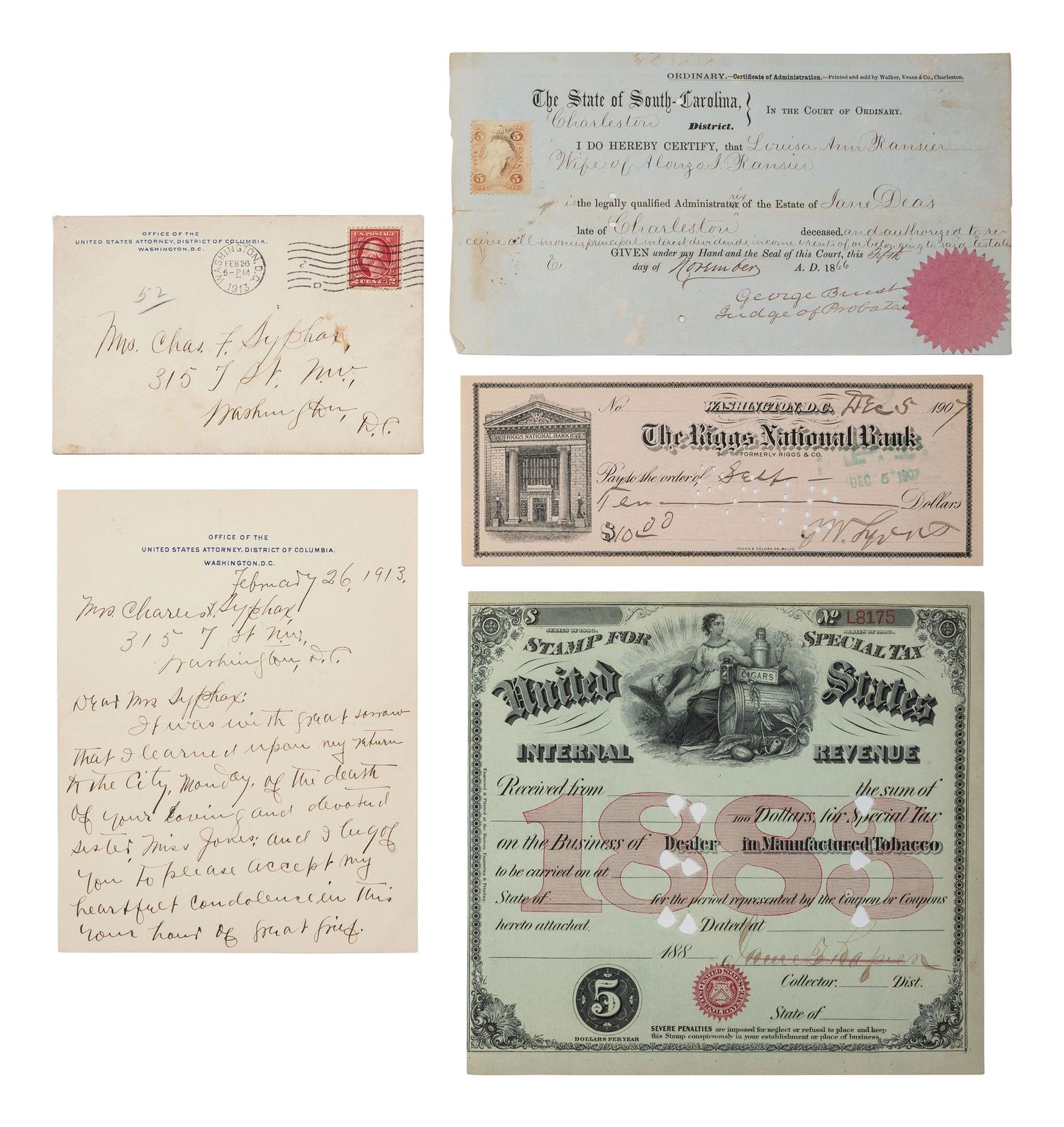 [POLITICS IN AMERICA]. A group of 8 items related to early African American politicians and government officials including Reconstruction-era Congressmen and attorneys.
