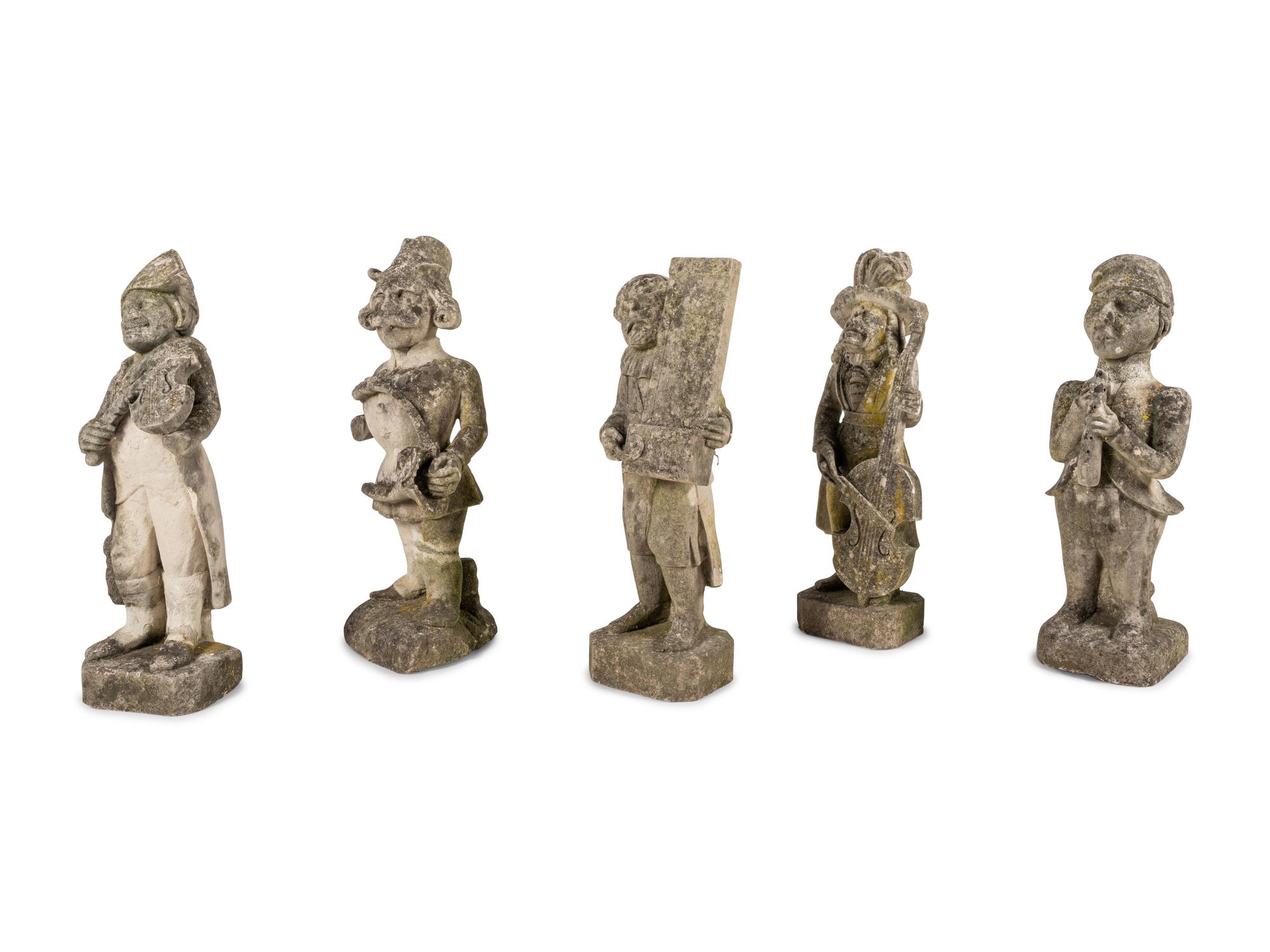 Five French Limestone Garden Figures of Musicians