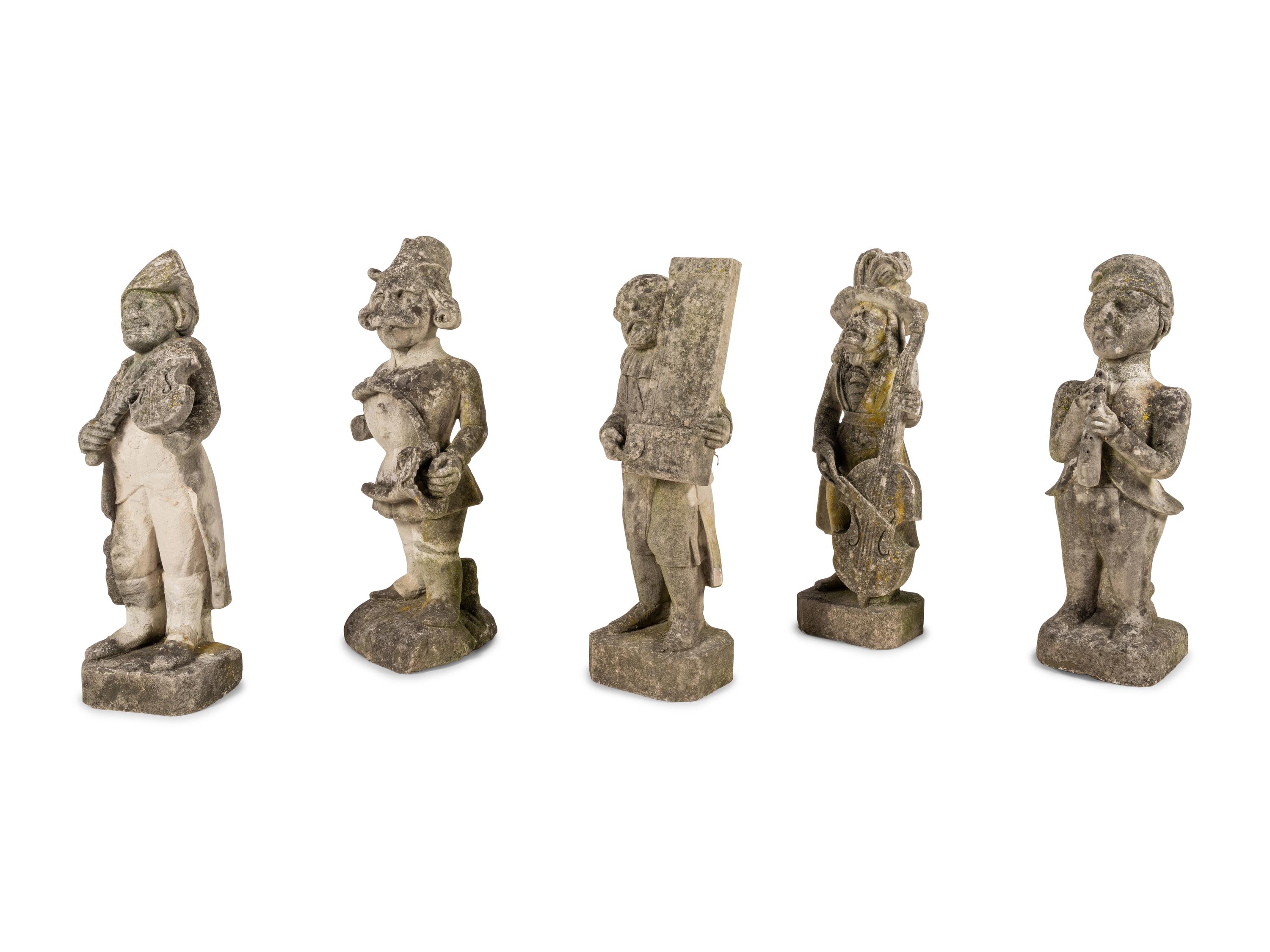 Five French Limestone Garden Figures of Musicians