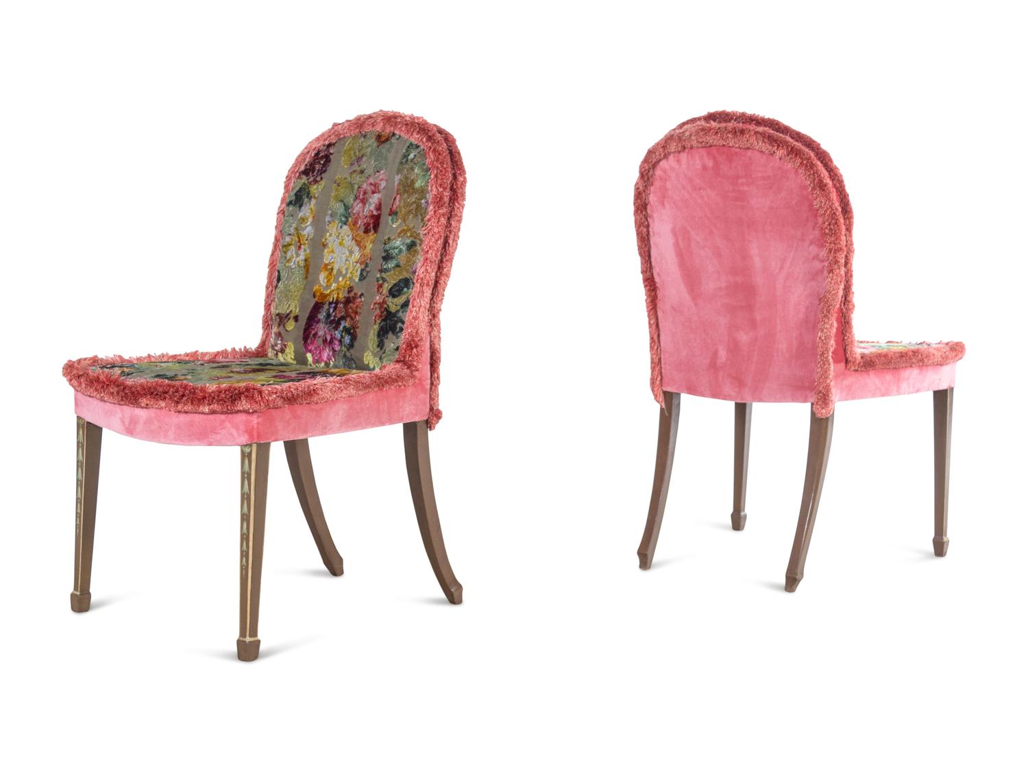 A Set of Six George III Style Painted Dining Chairs with Cut Velvet Upholstery