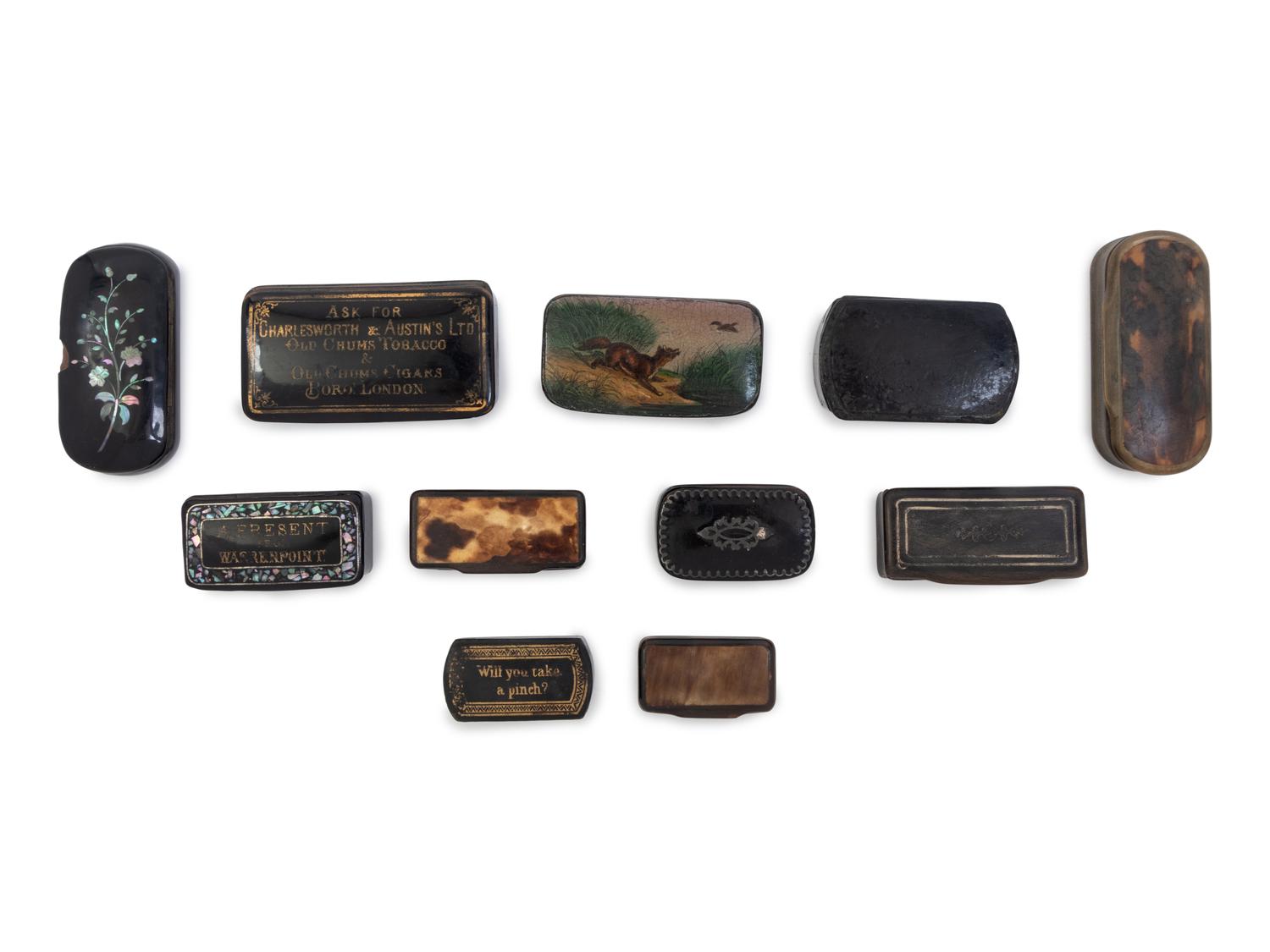 A Collection of Victorian Horn and Papier Mache Snuff Boxes