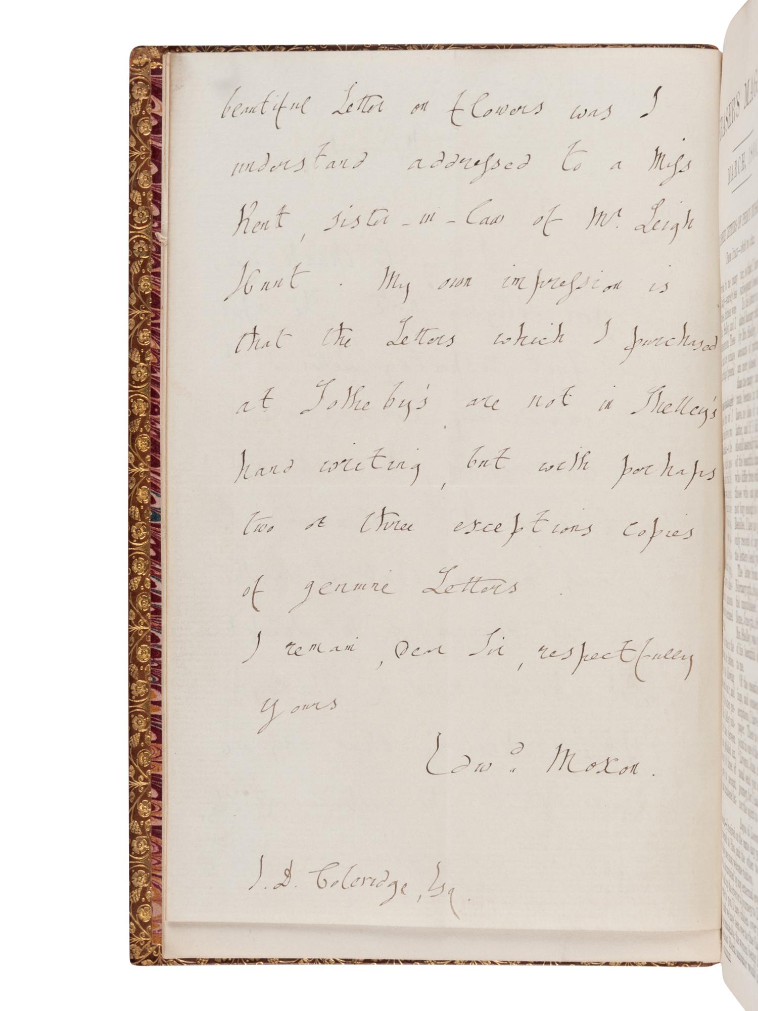 SHELLEY, Percy Bysshe (1792-1822). Letters of Percy Bysshe Shelley . London: Edward Moxon, 1852.
