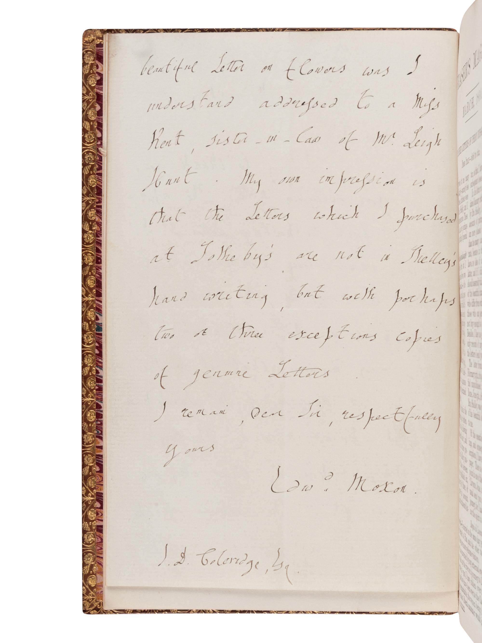 SHELLEY, Percy Bysshe (1792-1822). Letters of Percy Bysshe Shelley . London: Edward Moxon, 1852.