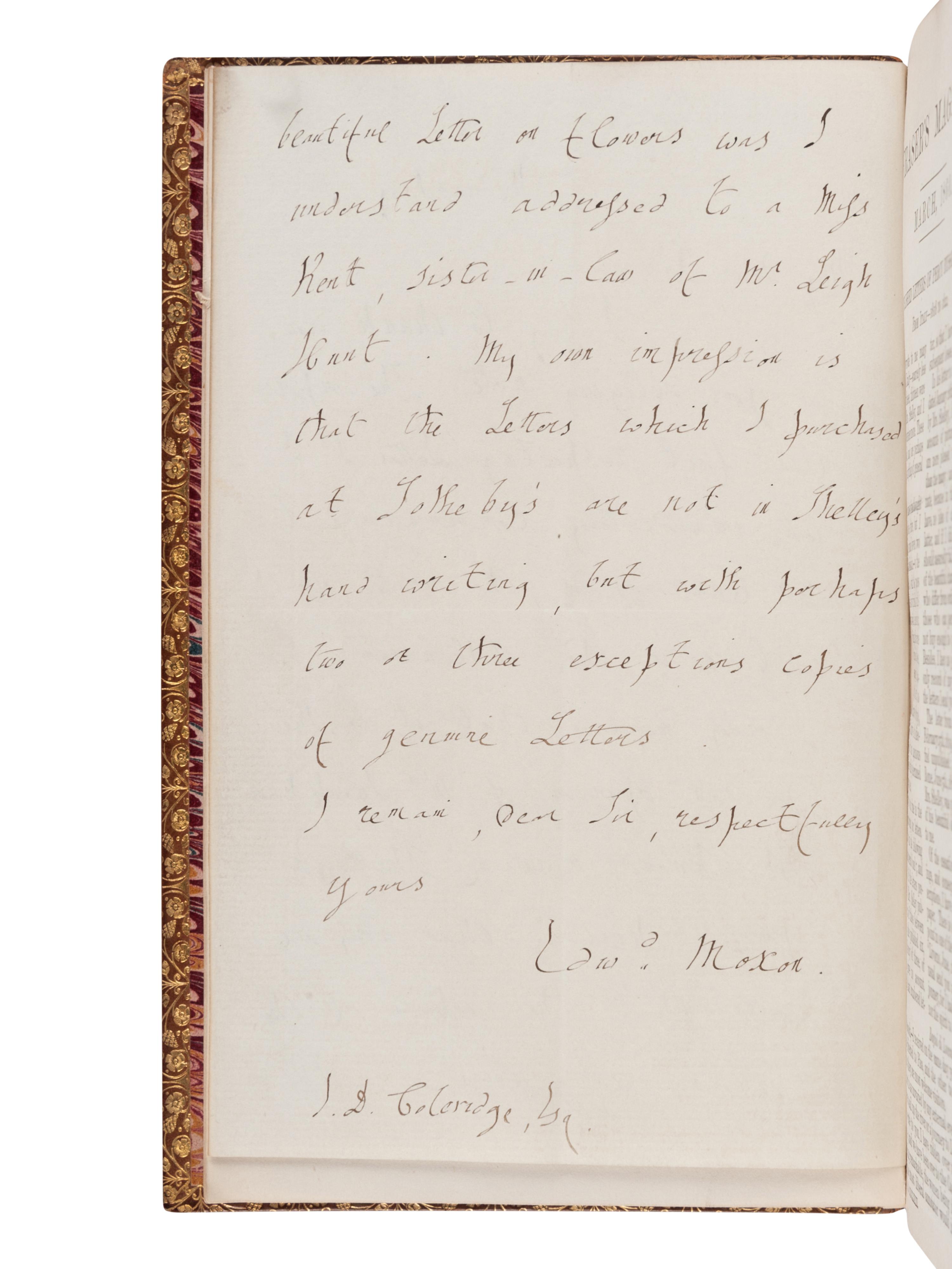 SHELLEY, Percy Bysshe (1792-1822). Letters of Percy Bysshe Shelley . London: Edward Moxon, 1852.
