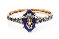 A Victorian Silver Topped Yellow Gold, Diamond and Enamel Bangle Bracelet, 17.35 dwts.