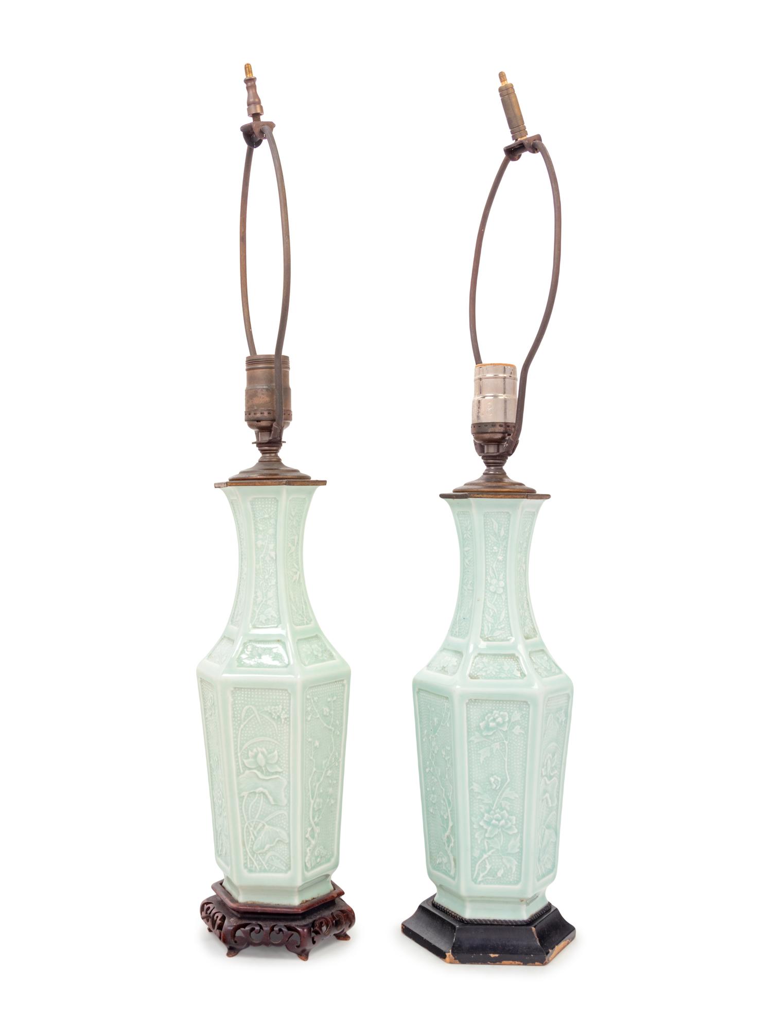 A Pair of Celadon Glazed Porcelain Vases Mounted as Lamps