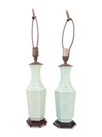A Pair of Celadon Glazed Porcelain Vases Mounted as Lamps