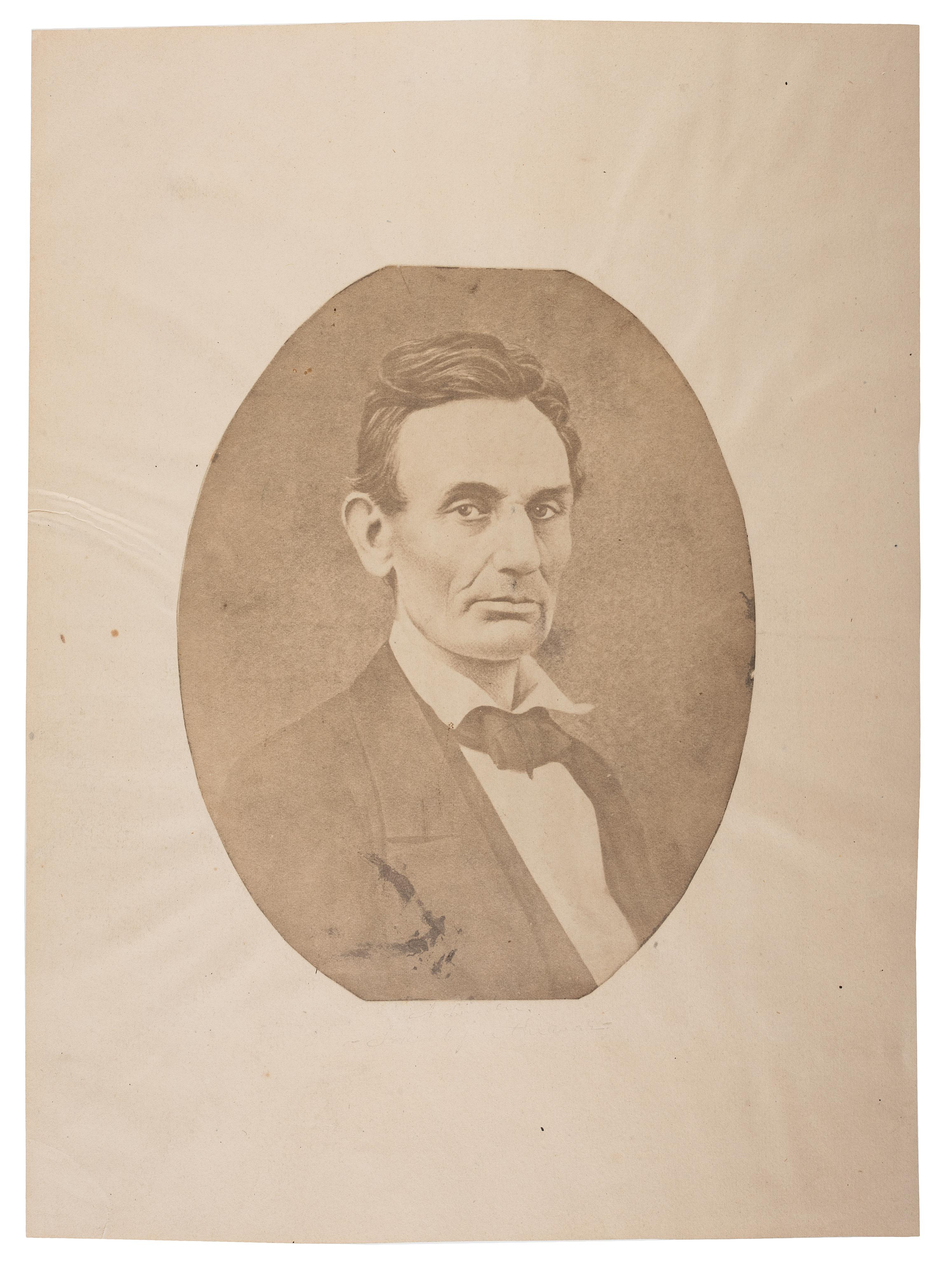 [LINCOLN, Abraham (1809-1865)]. FASSETT, Samuel, photographer. Salted paper print of Abraham Lincoln. [Chicago, IL]: ca 1859.