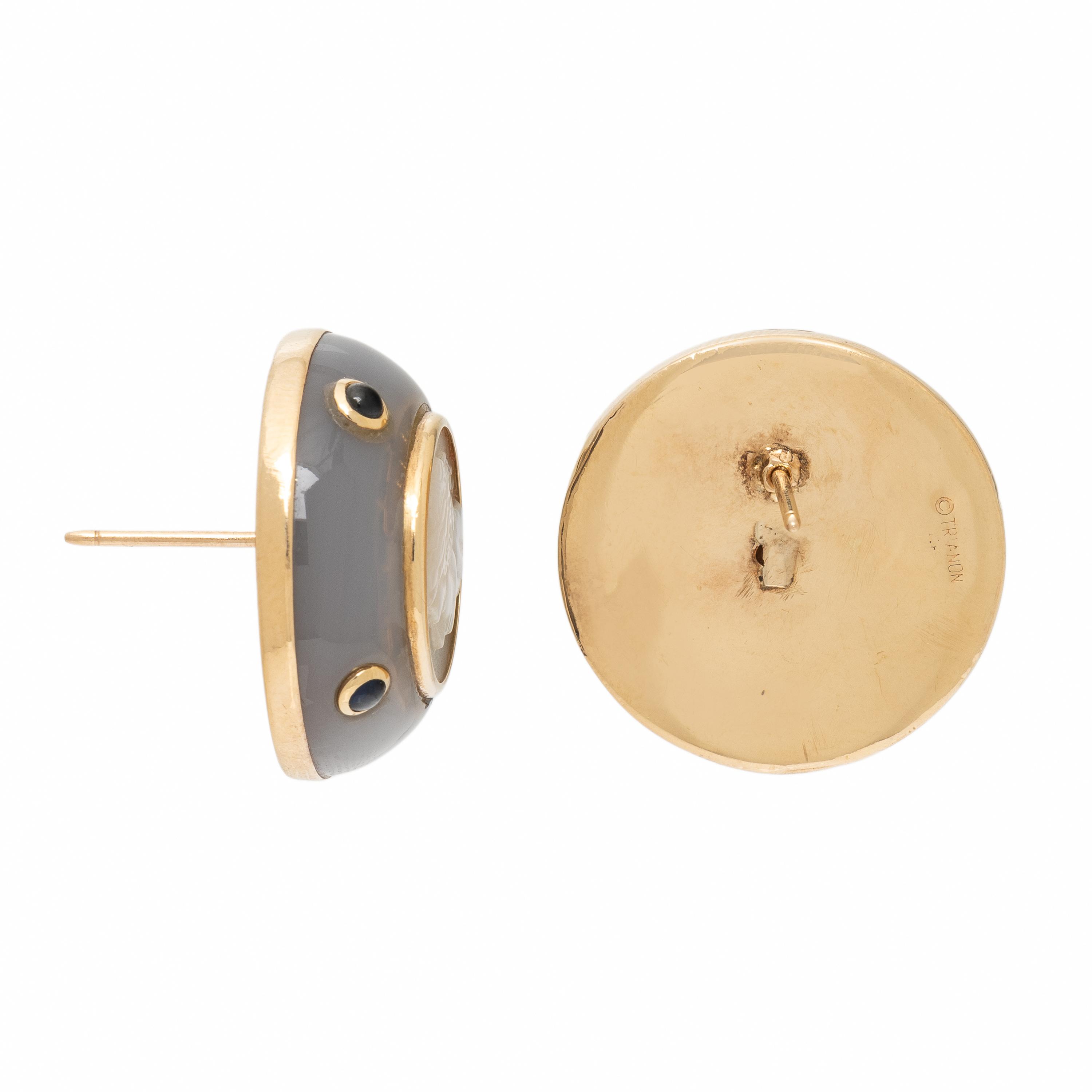Trianon, Mother-of-Pearl Cameo, Chalcedony, Sapphire, and Yellow Gold Earrings