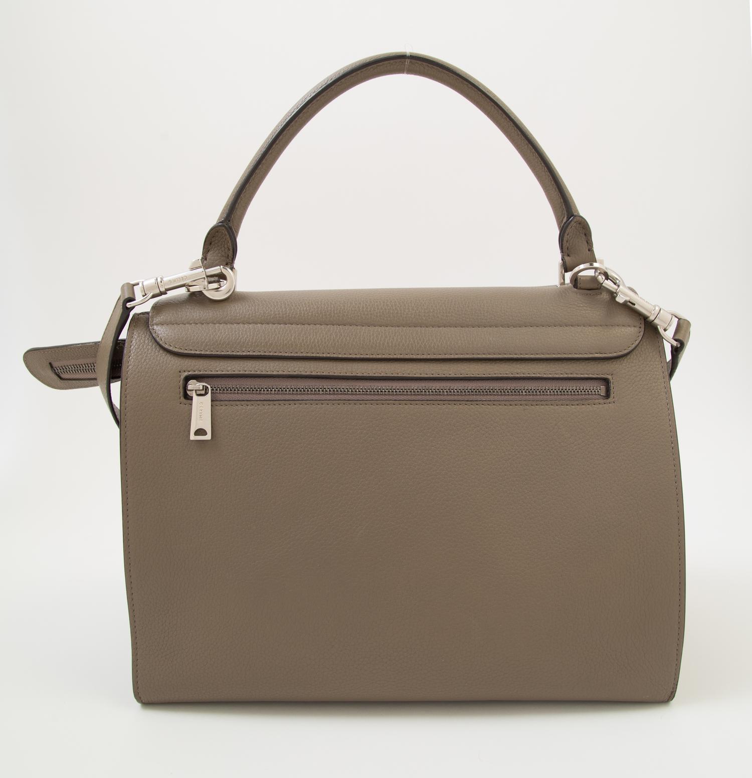 A Celine Taupe Leather and Suede Medium Trapeze Handbag, 11.5"- 20" L x 9" H x 7"- 9" W; Top handle: 4.5"; Strap drop: 15".