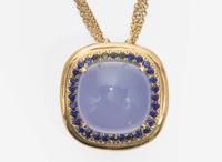 An 18K Yellow Gold, Blue Chalcedony, and Sapphire Necklace
