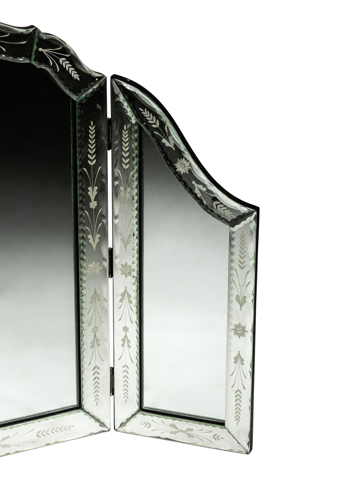 A Venetian Style Etched Glass Trifold Vanity Mirror