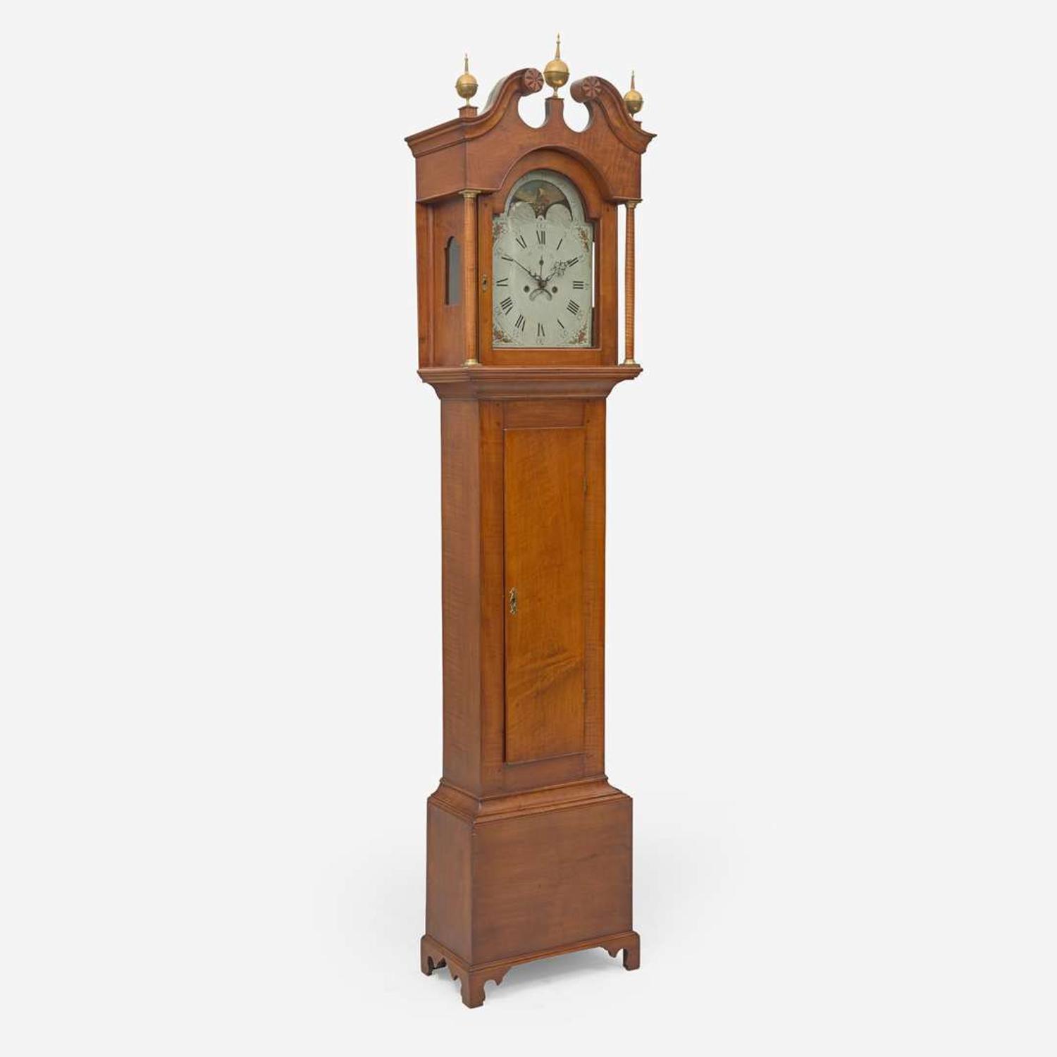 A Federal carved maple tall case clock Works signed Timothy Chandler (1762-1848), Concord, NH, the case attributed to David Young, Hopkinton, NH, circa 1800