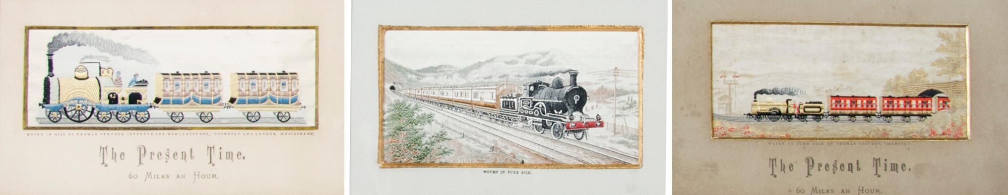 A Group of Three Woven Silk Stevengraphs Pertaining to Railroads, Height 2 1/2 x width 5 1/2 inches.