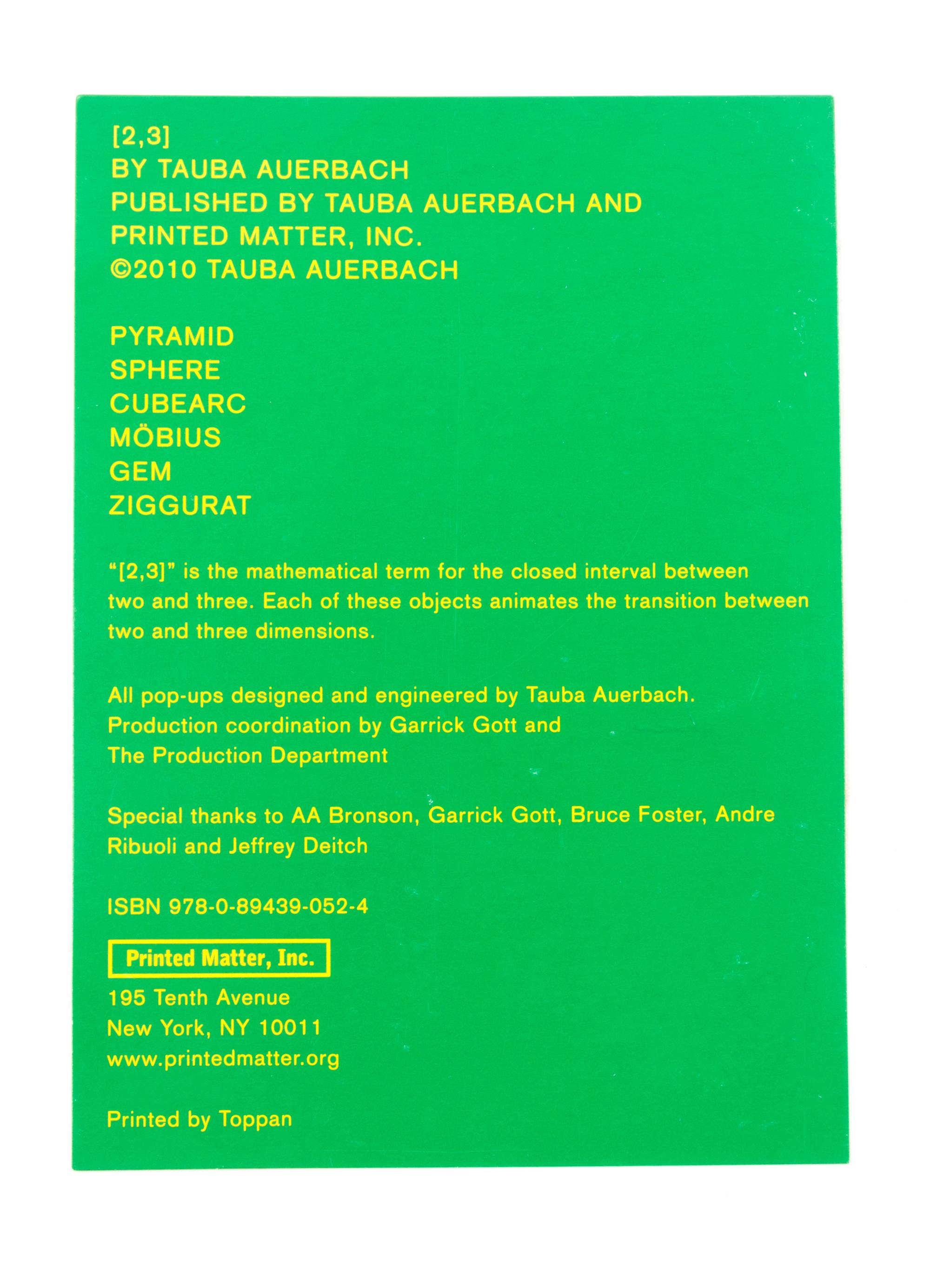 (POP-UP) AUERBACH, TAUBA. [2,3]. New York: Printed Matter, 2011. Signed, limited.