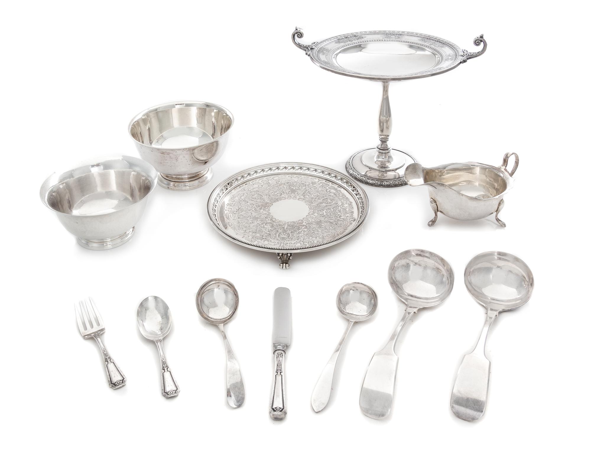 A Collection of Silver and Silver-Plate Articles, , comprising two silver bowls, a silver creamer, a silver youth place setting and 2 s