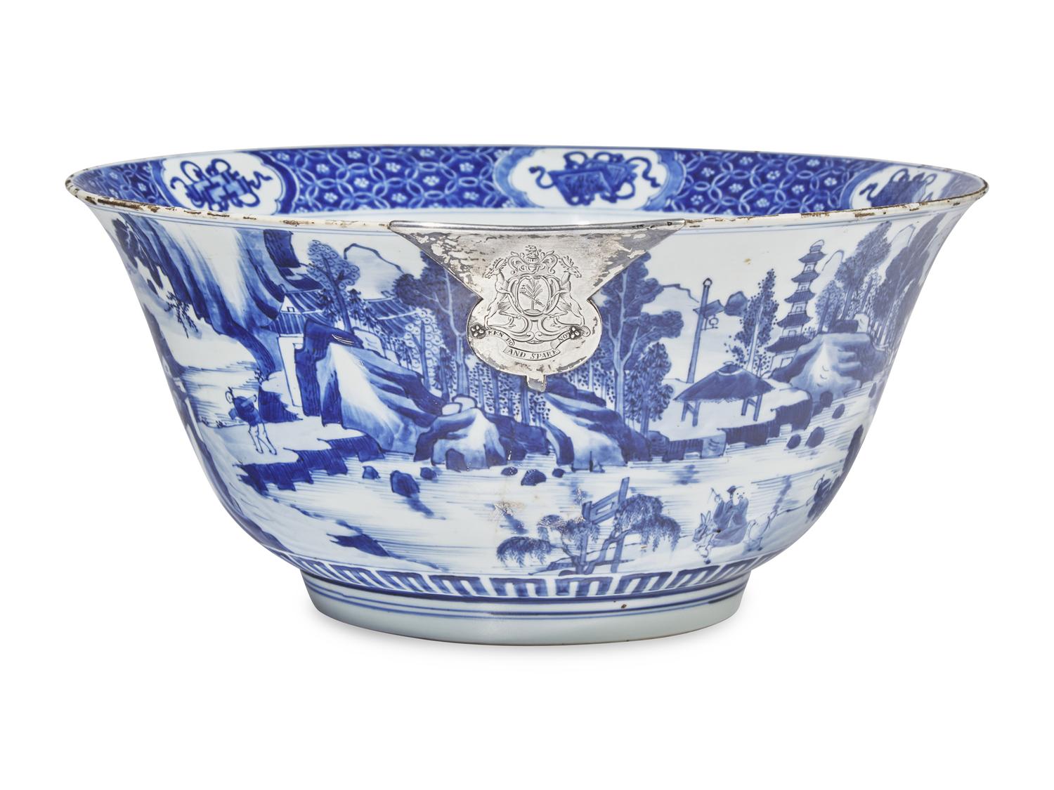 A Chinese Export Porcelain Blue and White Punch Bowl with Silver Make-Do Repair Bearing the Arms of MacGregor