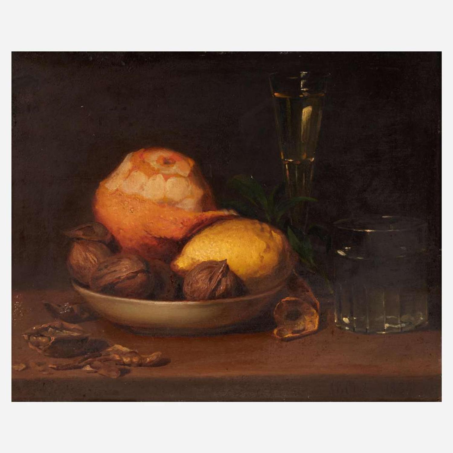 Joseph Biays Ord (American, 1805–1865) Still Life with Walnuts, Tangerine, Lemon, Wine Glass and Water Glass