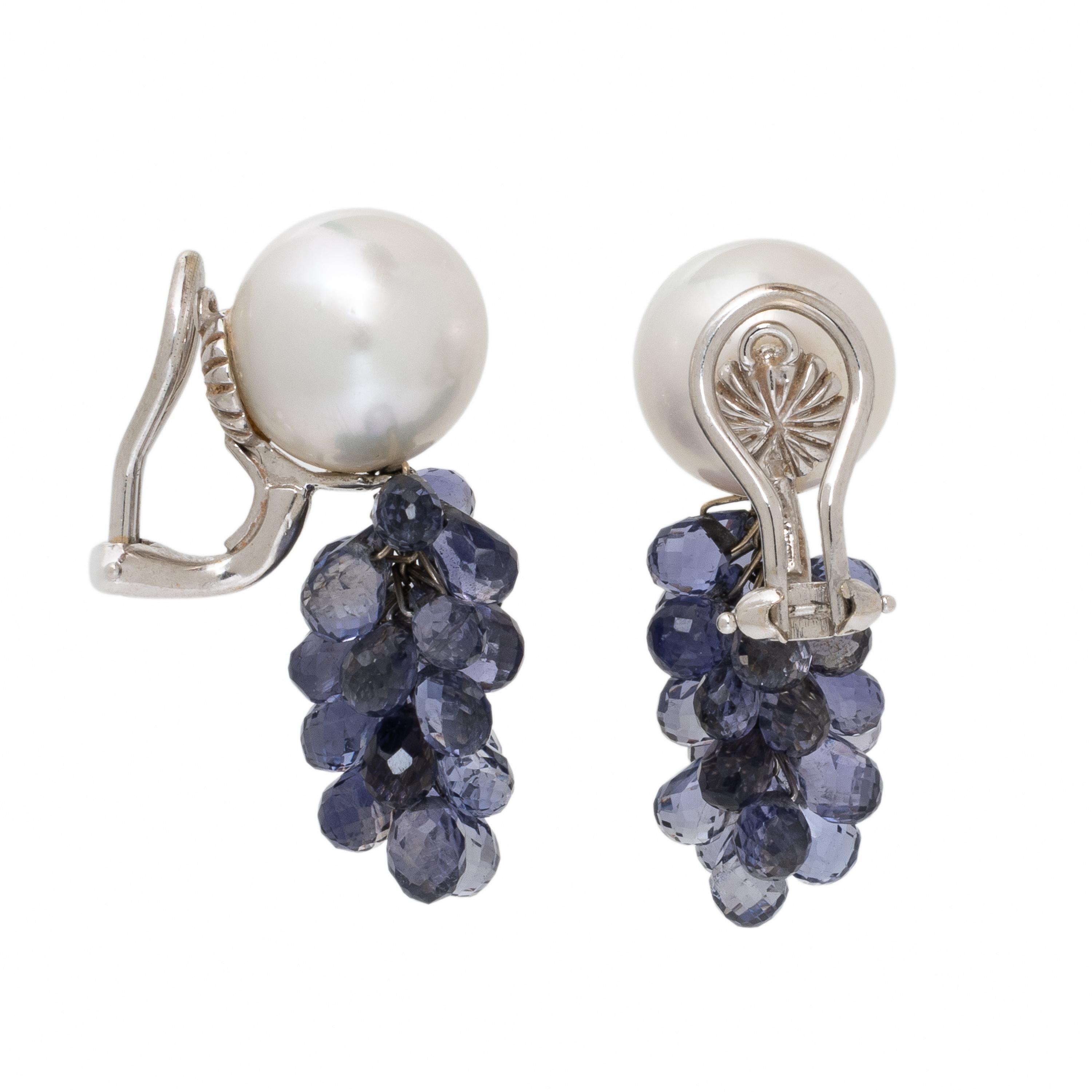Mish, Iolite, Cultured Pearl, and White Gold Earrings