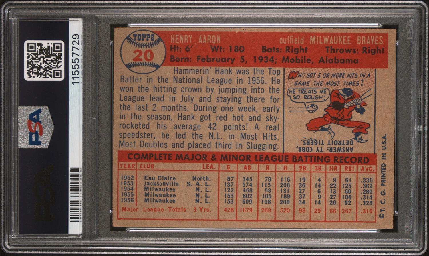 A 1957 Topps Hank Aaron Baseball Card No. 20 (PSA 4 VG-EX) from The Collection of David Eisenhower