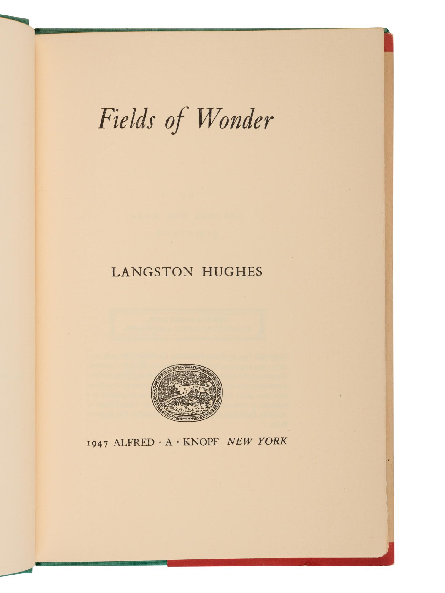 HUGHES, Langston (1901-1967). Fields of Wonder . New York: Alfred A. Knopf, 1947.