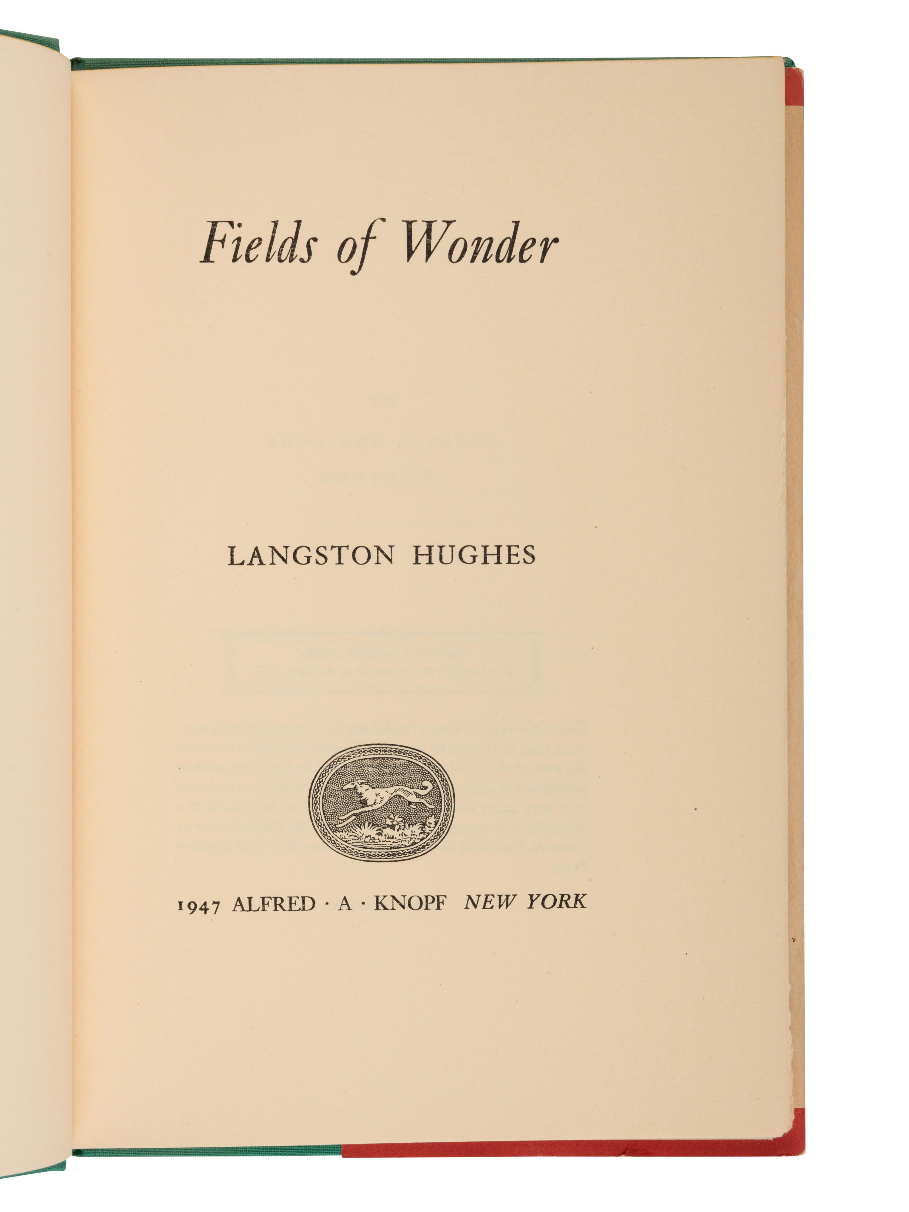 HUGHES, Langston (1901-1967). Fields of Wonder . New York: Alfred A. Knopf, 1947.