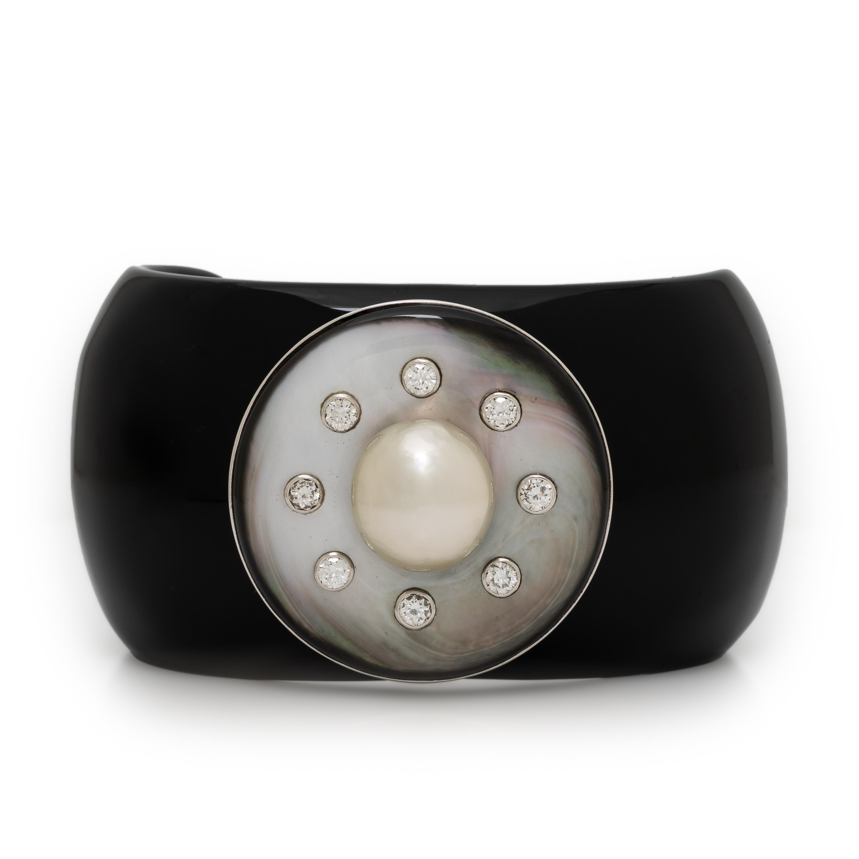 Onyx, Diamond, and Cultured Pearl Cuff Bracelet