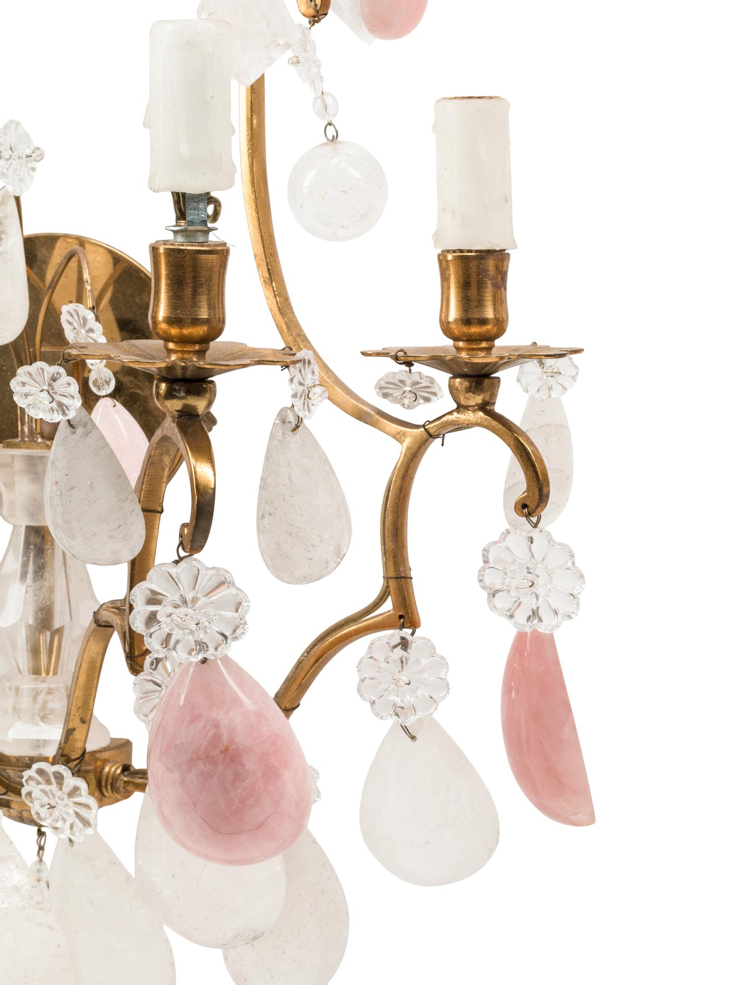 A Pair of Louis XV Style Gilt Bronze, Rock Crystal and Rose Quartz Four-Light Sconces