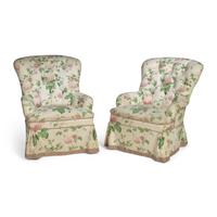 A Pair of Chintz Upholstered and Tufted Slipper Chairs