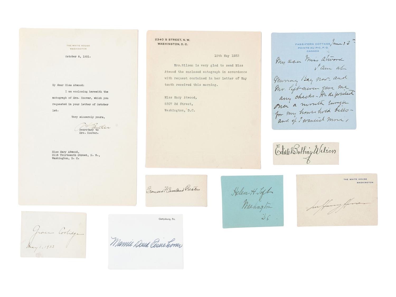 [POLITICS]. A collection of signatures of First Ladies, incl. Helen TAFT, Edith WILSON, Grace COOLIDGE, and Eleanor ROOSEVELT.