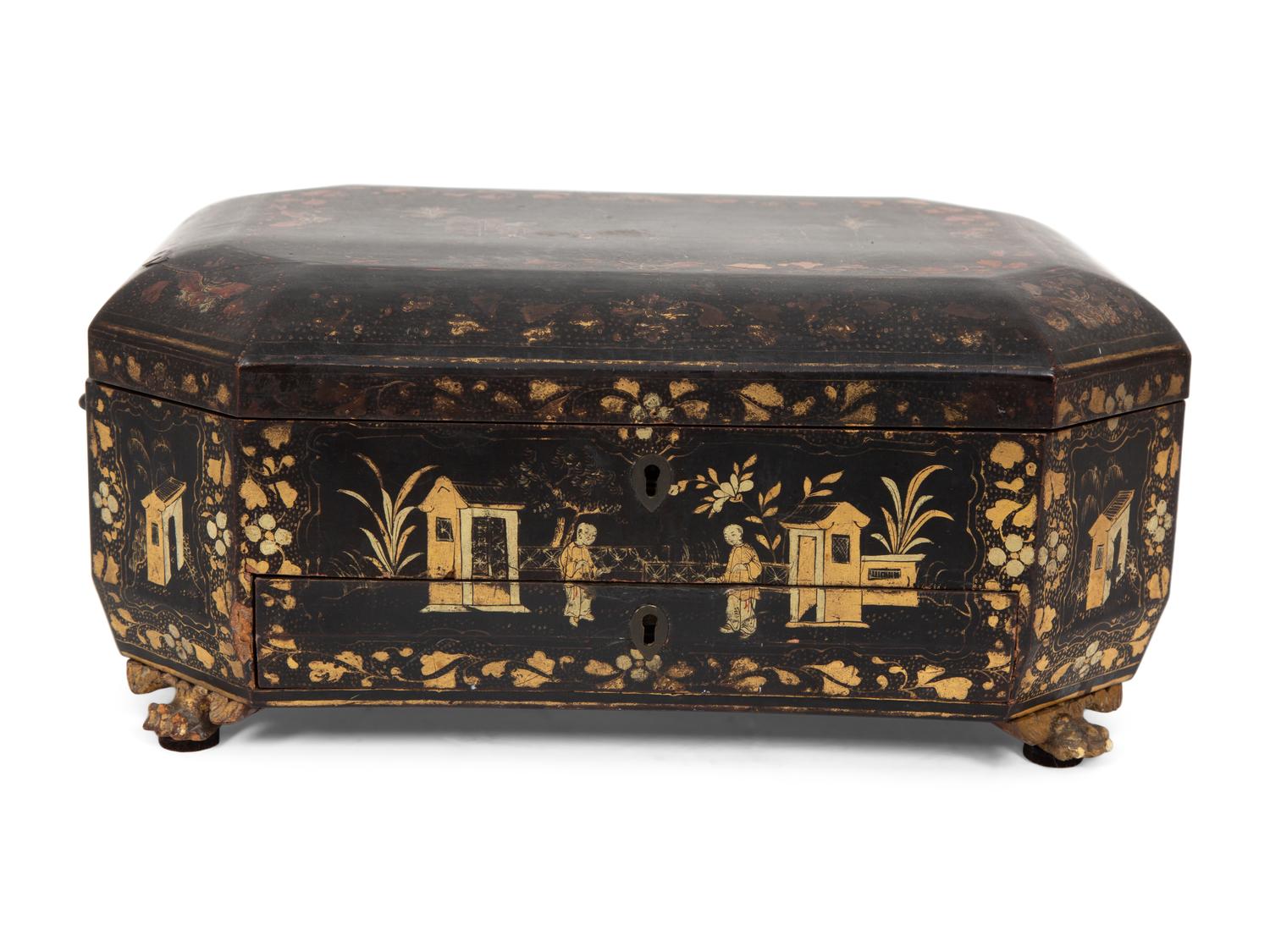 An English Chinoiserie Black and Gilt Lacquer Sewing Box