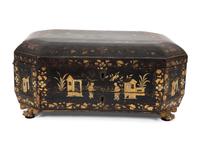 An English Chinoiserie Black and Gilt Lacquer Sewing Box