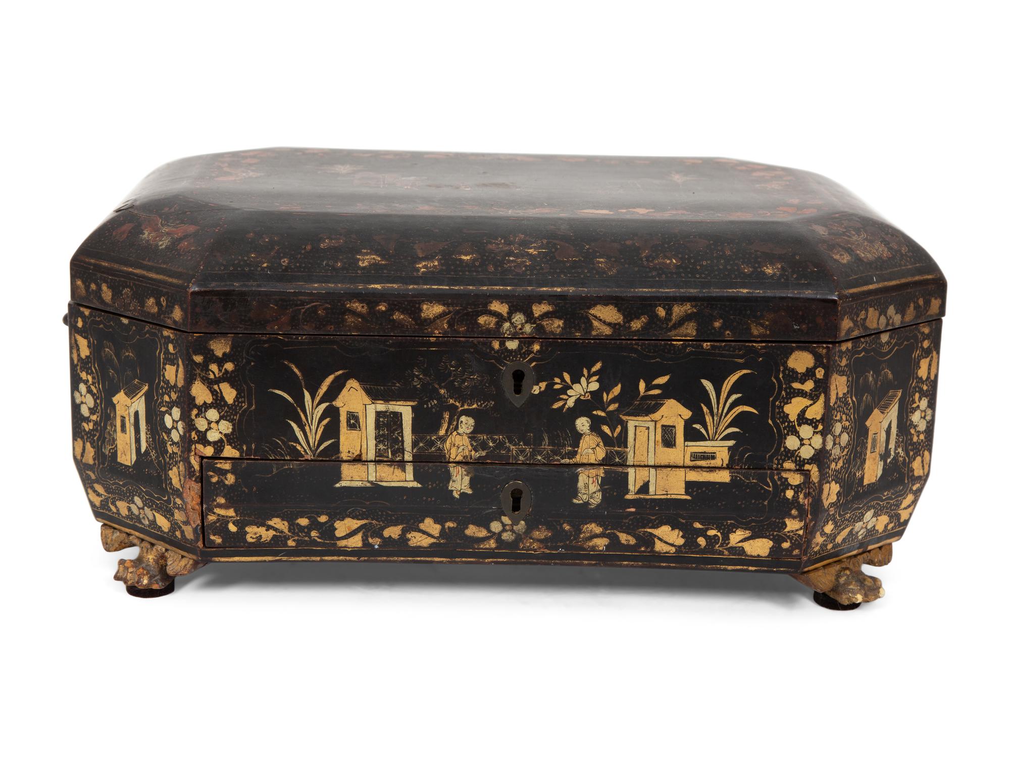 An English Chinoiserie Black and Gilt Lacquer Sewing Box
