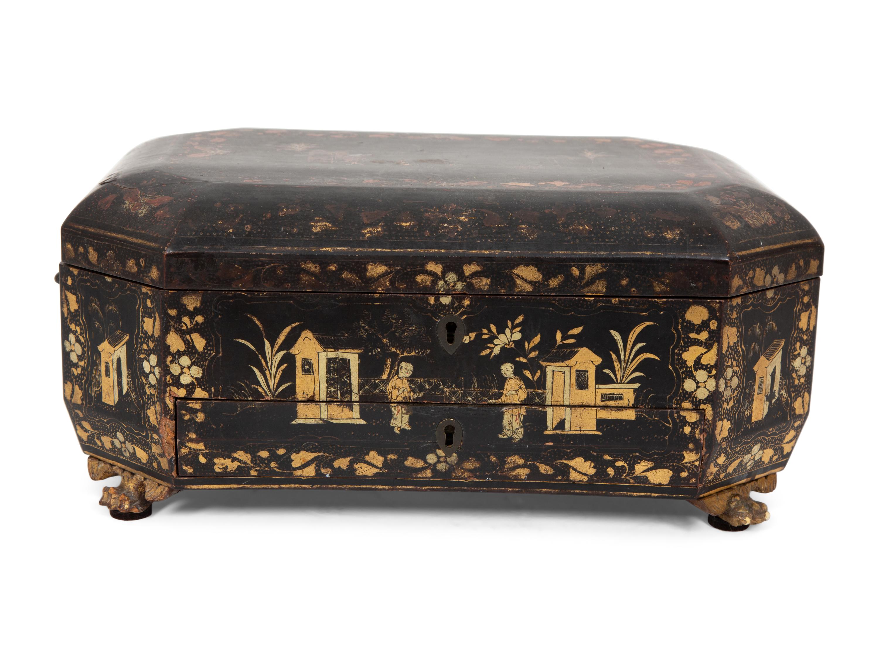 An English Chinoiserie Black and Gilt Lacquer Sewing Box