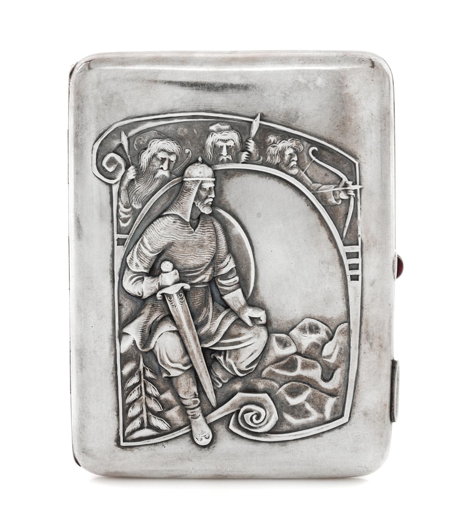 A Russian Silver Cigarette Case, Maker's mark obscured, Moscow, early 20th century, the lid worked to show an armored warrior seated on