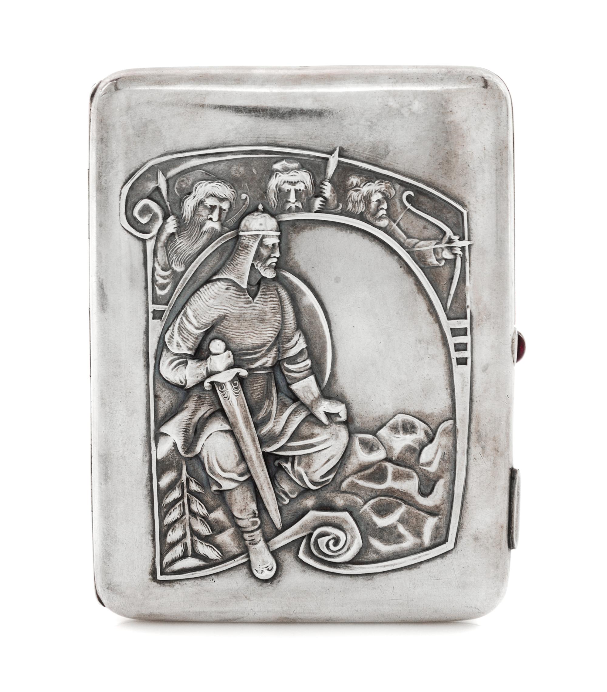 A Russian Silver Cigarette Case, Maker's mark obscured, Moscow, early 20th century, the lid worked to show an armored warrior seated on