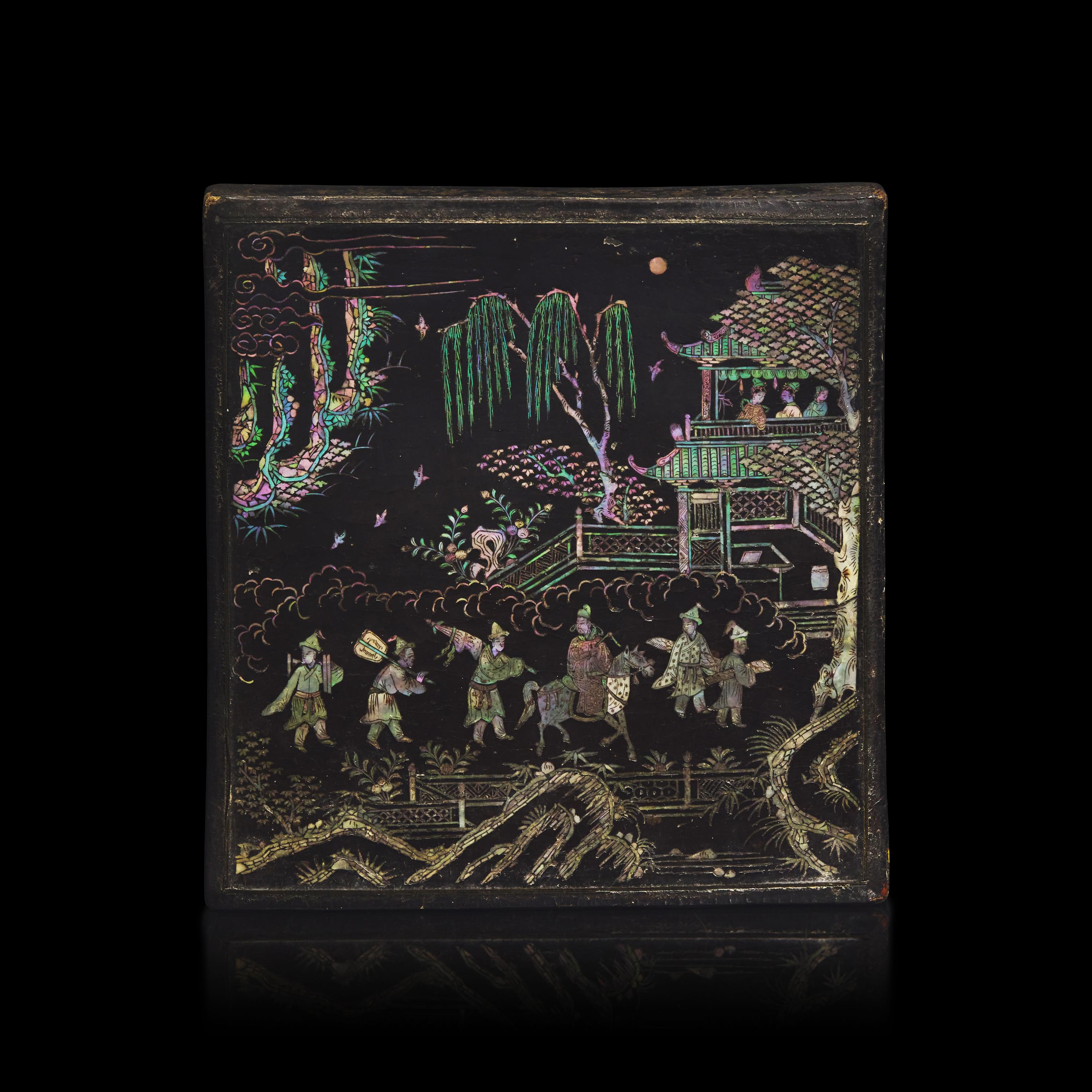 A Chinese Mother of Pearl Inlaid Lacquer Box, Ming Dynasty, 16th/17th Century — 明晚期 黑漆螺鈿行旅圖蓋盒