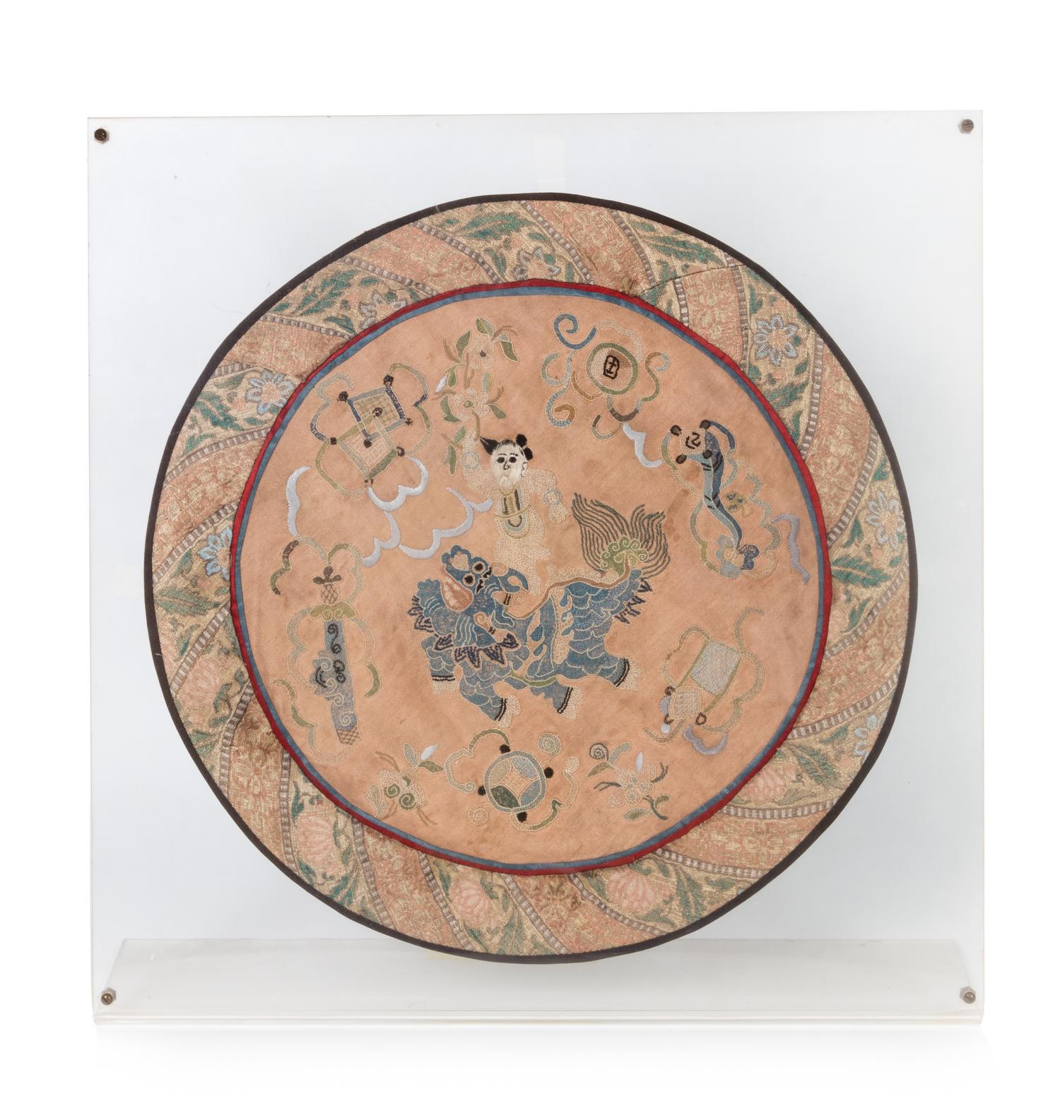 Two Chinese Embroidered Silk Panels Diameter of larger 13 7/8 inches. — 19TH CENTURY