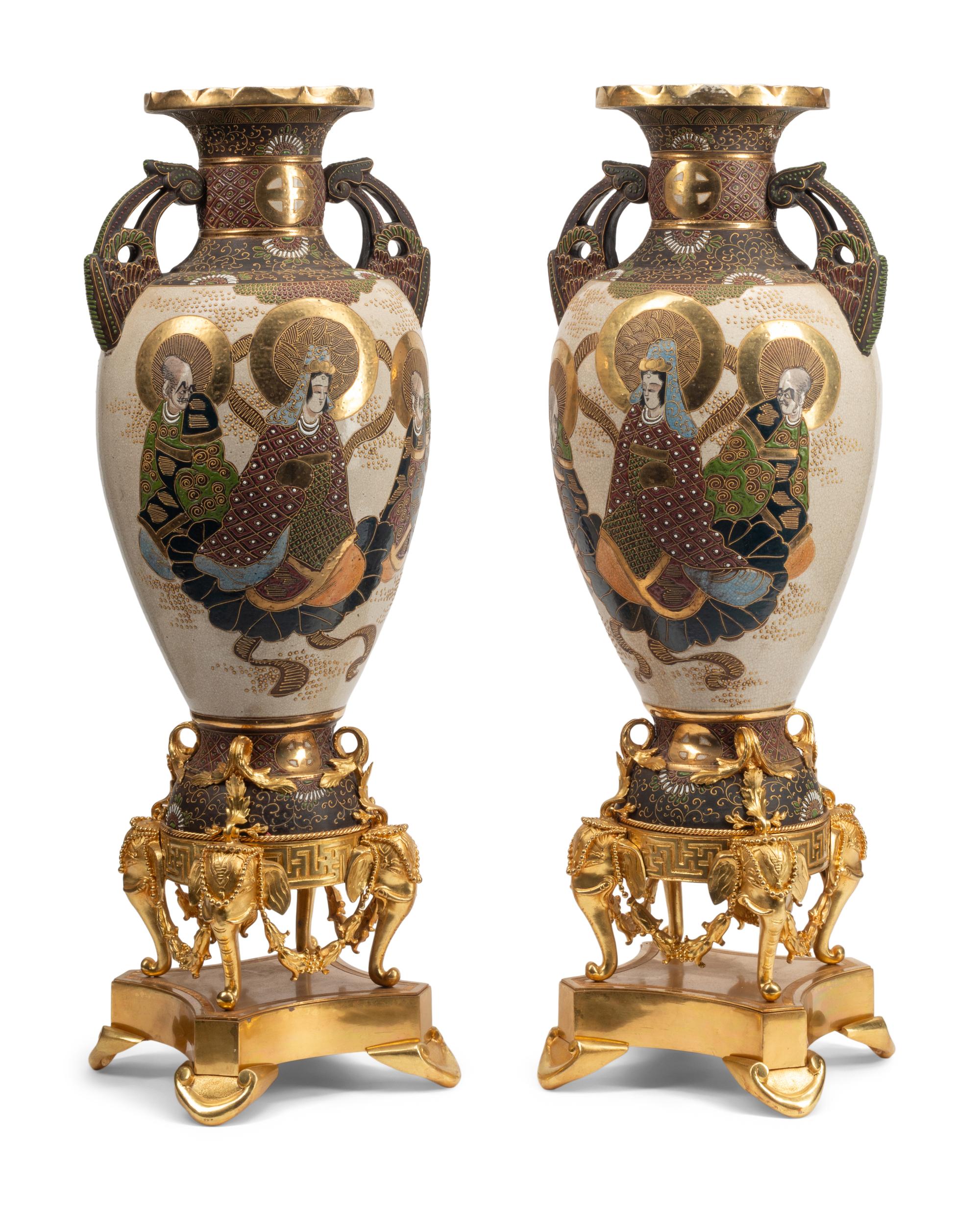A Pair of Gilt Bronze Mounted Satsuma Porcelain Vases