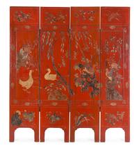 A Chinese Lacquered Four-Panel Floor Screen Height 72 x width of each panel 15 7/8 inches. — EARLY 20TH CENTURY