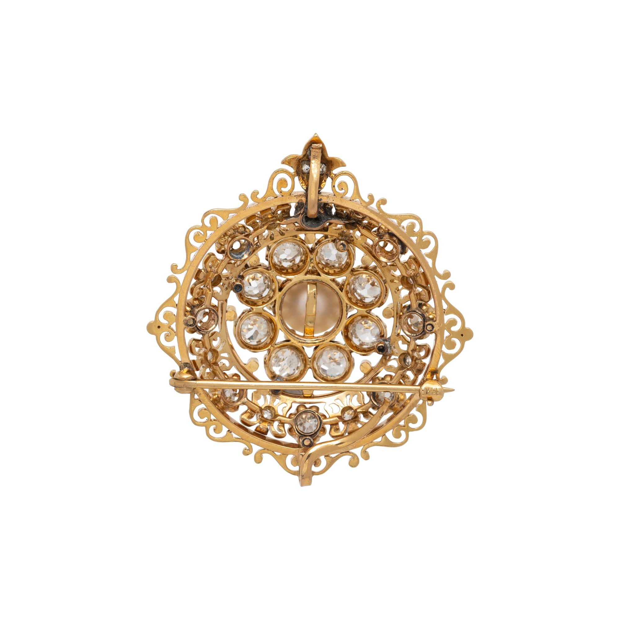 ANTIQUE, DIAMOND, MABÉ PEARL, AND YELLOW GOLD BROOCH