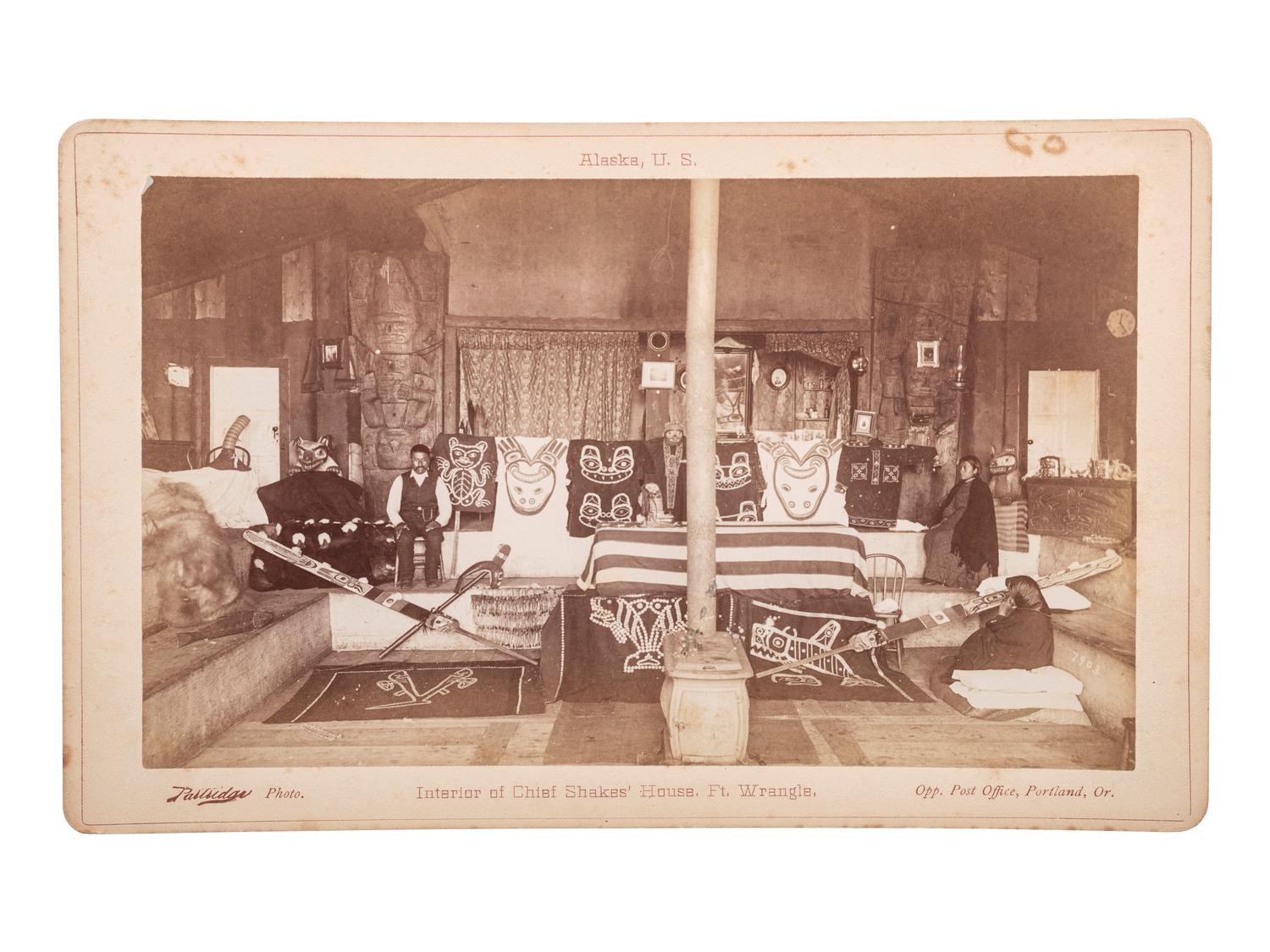 [NATIVE AMERICANS]. A group of 3 boudoir photographs of Chief Shakes Tlingit totem poles and house interior, Fort Wrangell, Alaska.